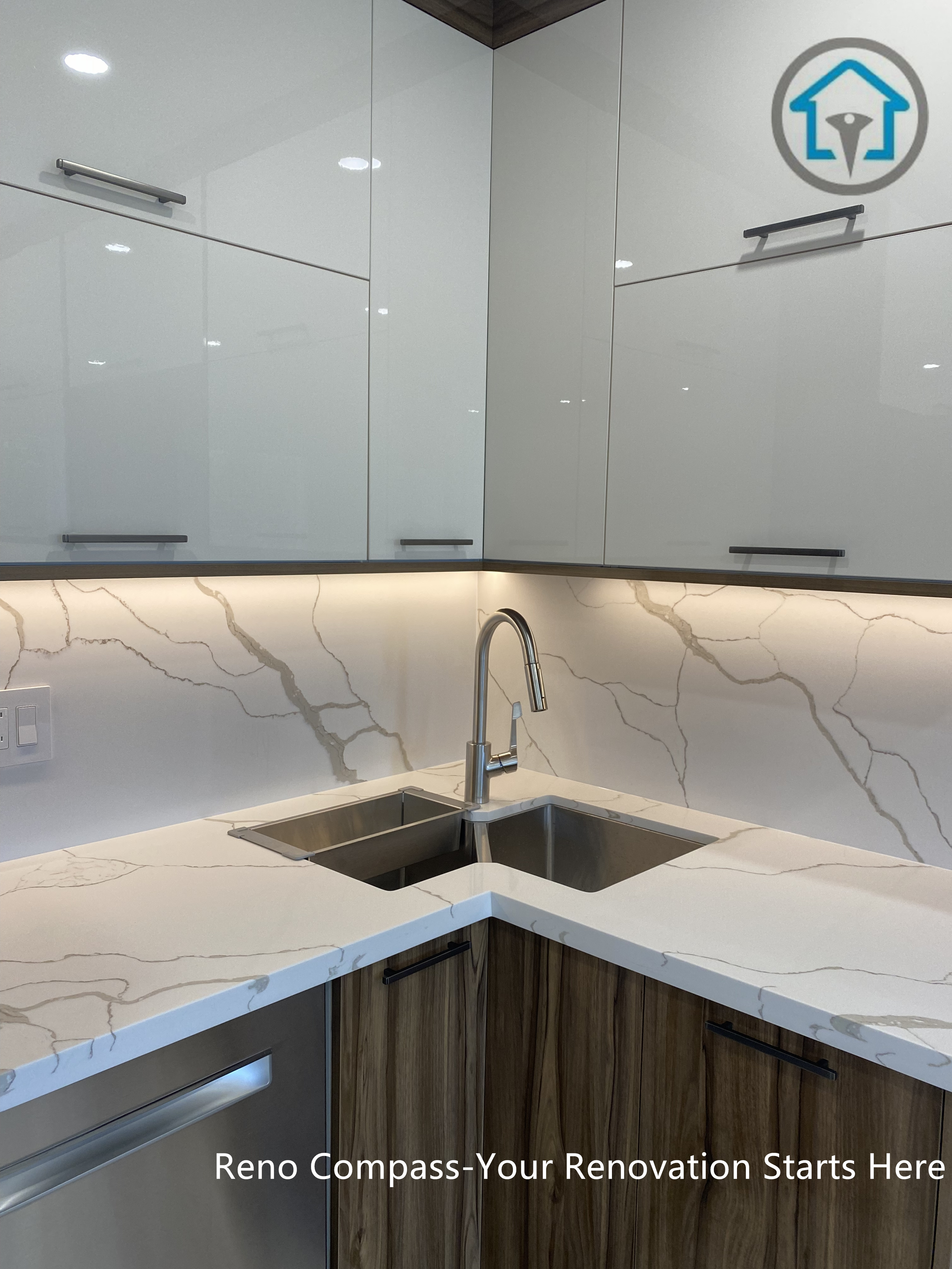 Kitchen detail from a completed interior renovation project in Vaughan, highlighting a clean corner layout and functional workspace by Reno Compass.