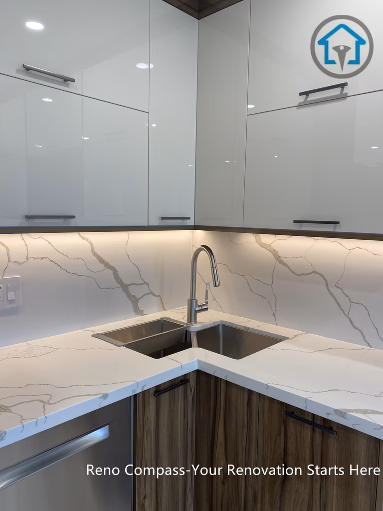Kitchen detail from a completed interior renovation project in Vaughan, highlighting a clean corner layout and functional workspace by Reno Compass.