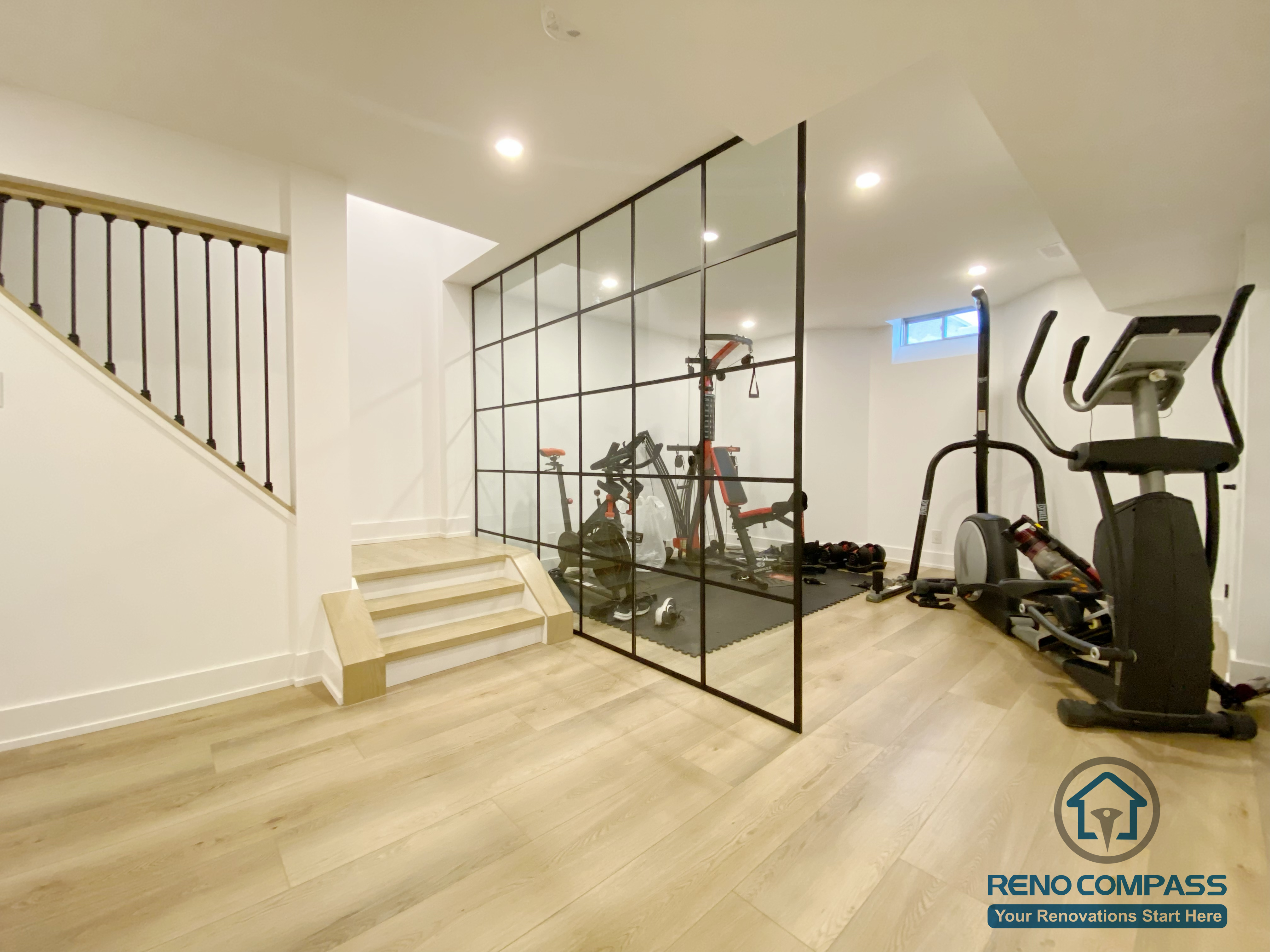 This basement gym room provides a dedicated home fitness space with a clean, modern design. Durable finishes and efficient lighting make it ideal for daily workouts as part of this Markham basement renovation.