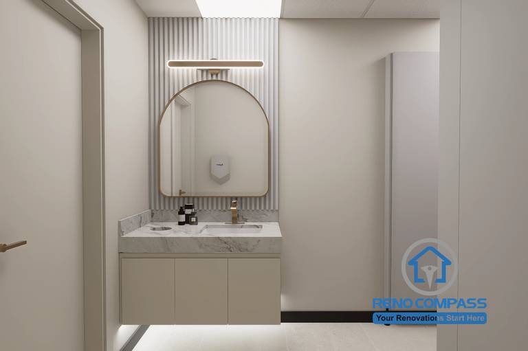 A clean and modern vanity and handwash area designed for a Markham medical aesthetic clinic renovation, featuring minimalist cabinetry, soft lighting, and hygienic finishes to enhance patient experience and privacy.