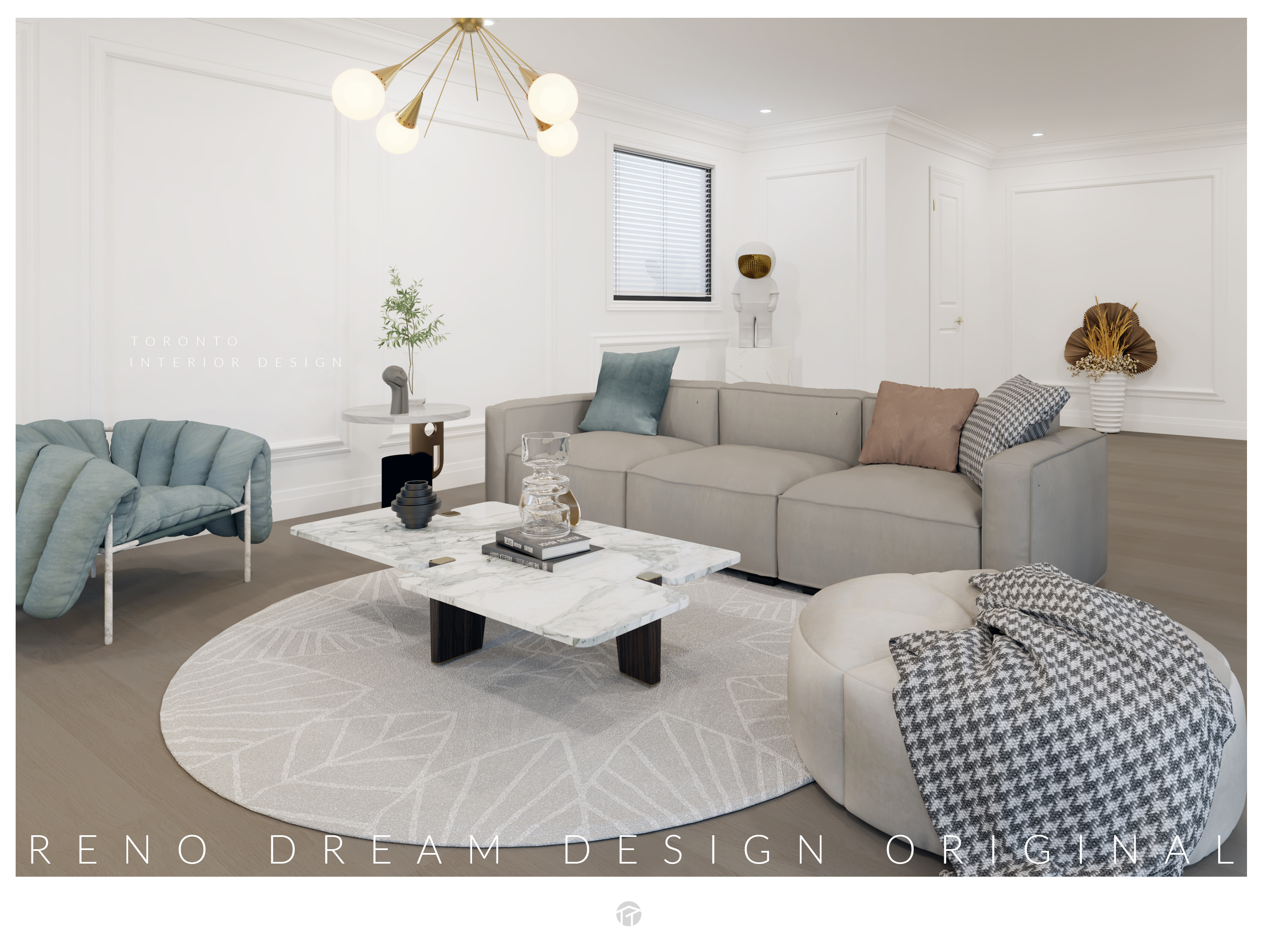 Elegant modern living room interior design project in North York Toronto featuring a neutral-toned sofa, marble coffee table, designer lighting fixture, and soft minimalist decor. This refined residential interior showcases Reno Compass’ expertise in contemporary space planning, luxury finishes, and comfortable yet stylish living environments for Toronto homeowners.