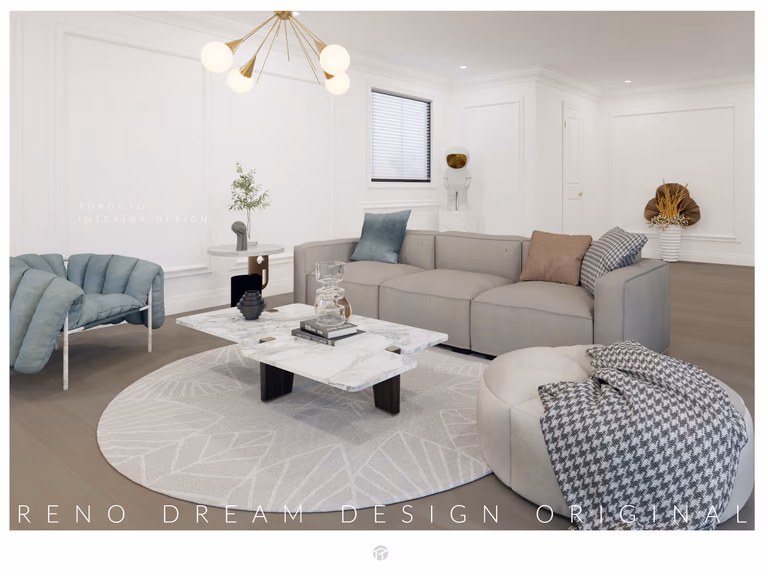 Elegant modern living room interior design project in North York Toronto featuring a neutral-toned sofa, marble coffee table, designer lighting fixture, and soft minimalist decor. This refined residential interior showcases Reno Compass’ expertise in contemporary space planning, luxury finishes, and comfortable yet stylish living environments for Toronto homeowners.