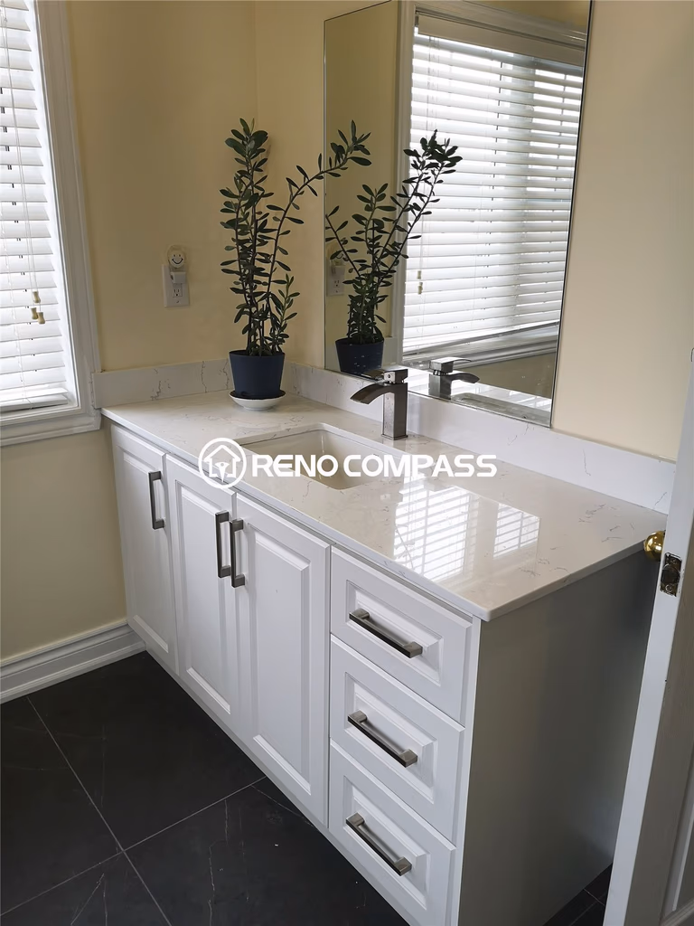 Toronto Bathroom Renovation – White Vanity with Quartz Countertop & Modern Hardware | Reno Compass