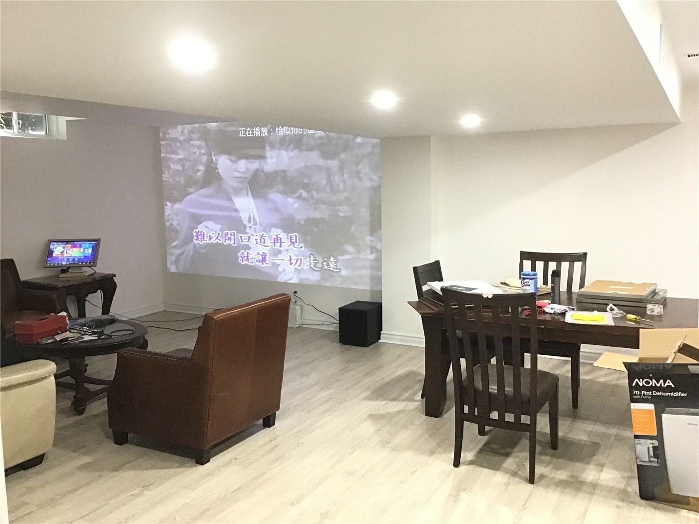 This Aurora basement renovation showcases a spacious open-concept layout featuring a combined living and dining area. The space includes light wood flooring, recessed lighting, and a custom home theater setup with projector display, creating a comfortable and multifunctional entertainment environment.