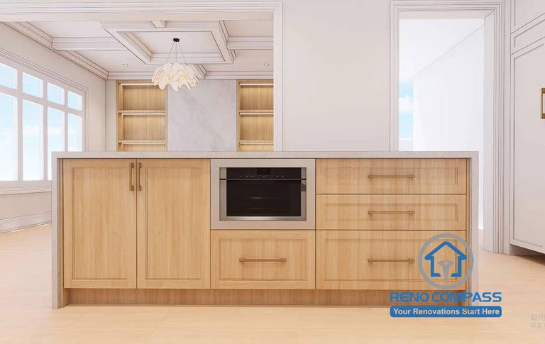 Close-up of custom kitchen island in Toronto home upgrade, highlighting craftsmanship, storage, and modern finishes.