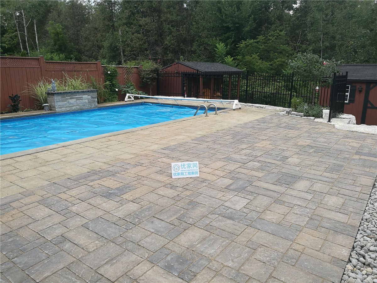 This image showcases a residential pool maintenance project in Vaughan, featuring professional pool upkeep and interlock paving around the pool area. The project includes surface cleaning, poolside hardscape maintenance, and overall backyard improvement, creating a clean, safe, and functional outdoor space ideal for summer use and family leisure.