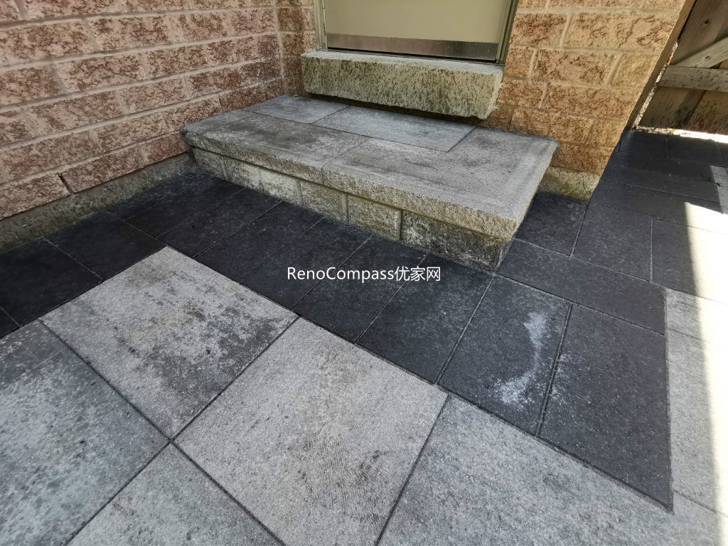 Close-up view of custom interlocking entrance steps and patio paving completed in Mississauga. This project showcases durable stone installation, clean edging, and precise step construction designed to improve safety, drainage, and long-term outdoor durability while enhancing the home’s exterior appearance.