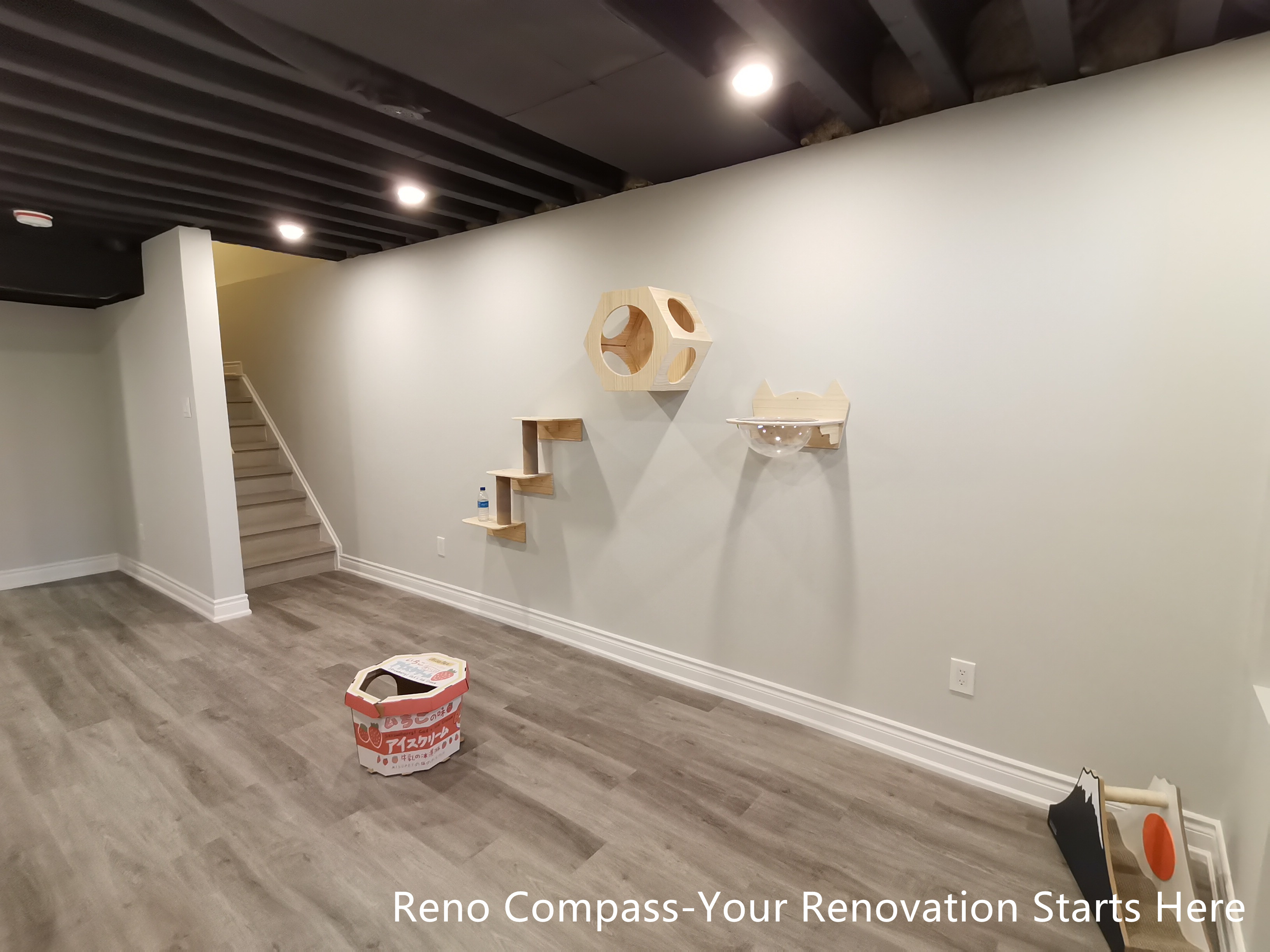 This Vaughan basement renovation features an industrial-style design with a sprayed black open ceiling, recessed lighting, and durable flooring that enhances both function and visual depth. The space is thoughtfully customized with wall-mounted cat climbing structures, creating a pet-friendly environment without compromising the clean, modern aesthetic. With clear circulation and a flexible layout, the basement feels open and comfortable despite its compact footprint. Designed and completed by Reno Compass, this renovation demonstrates a balanced approach to industrial design, space efficiency, and everyday usability.