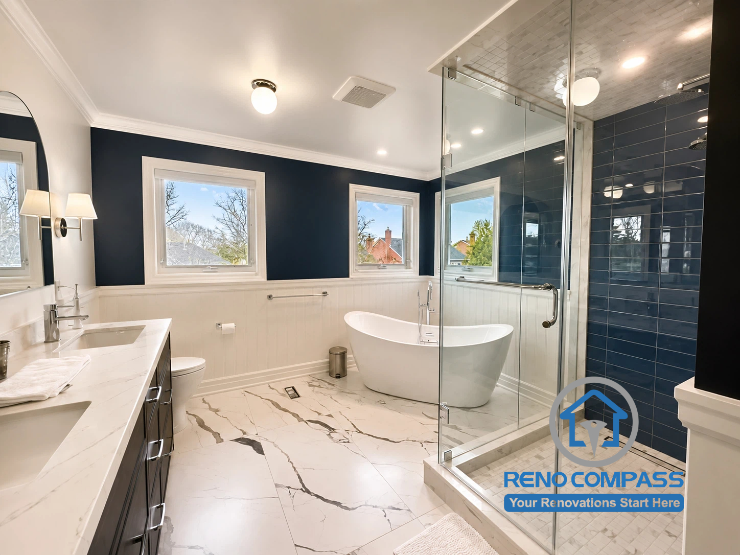A completed modern bathroom renovation project in Markham featuring a freestanding bathtub, frameless glass shower, custom tile installation, quartz surfaces, and a bright, functional layout designed for everyday comfort.