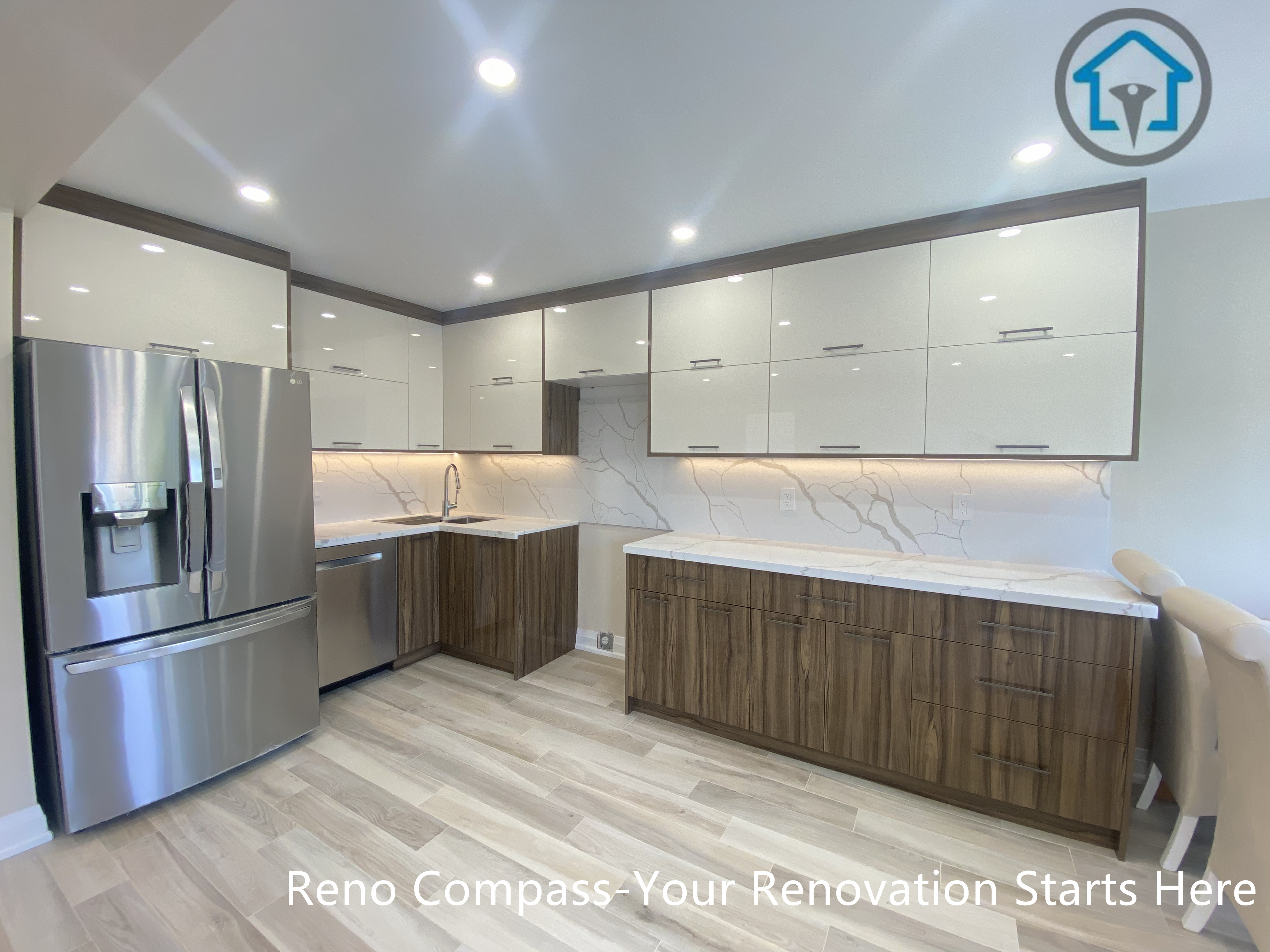 Open concept living and dining area from a completed interior renovation project in Vaughan, featuring a bright layout and seamless connection between spaces by Reno Compass.