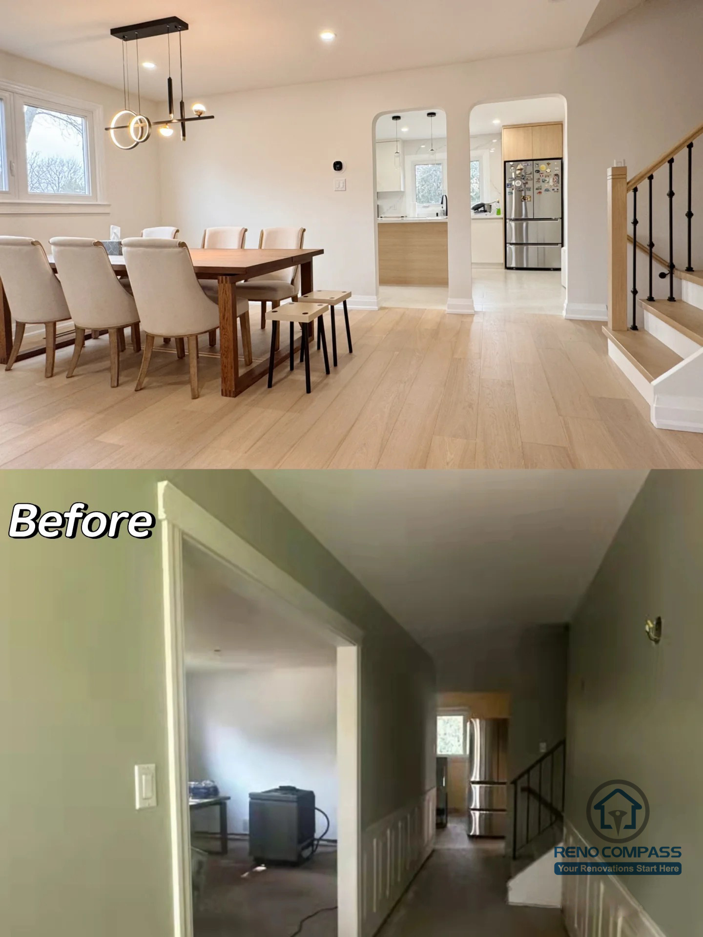 This Oakville interior renovation features a bright, open-concept kitchen with a central island, custom cabinetry, integrated lighting, and clean modern finishes designed for everyday functionality and visual balance.