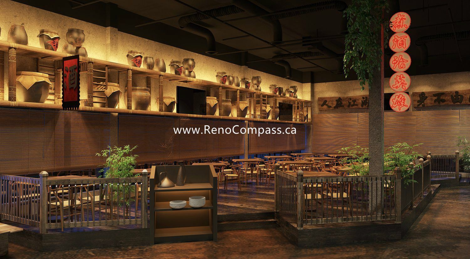 Showcasing the integration of a live performance stage within a modern BBQ restaurant. This Markham interior design project features signature bamboo umbrella ceiling decor, custom wood bench seating, and warm accent lighting. Designed for high-traffic commercial use, balancing acoustics with a sophisticated Zen-industrial aesthetic.