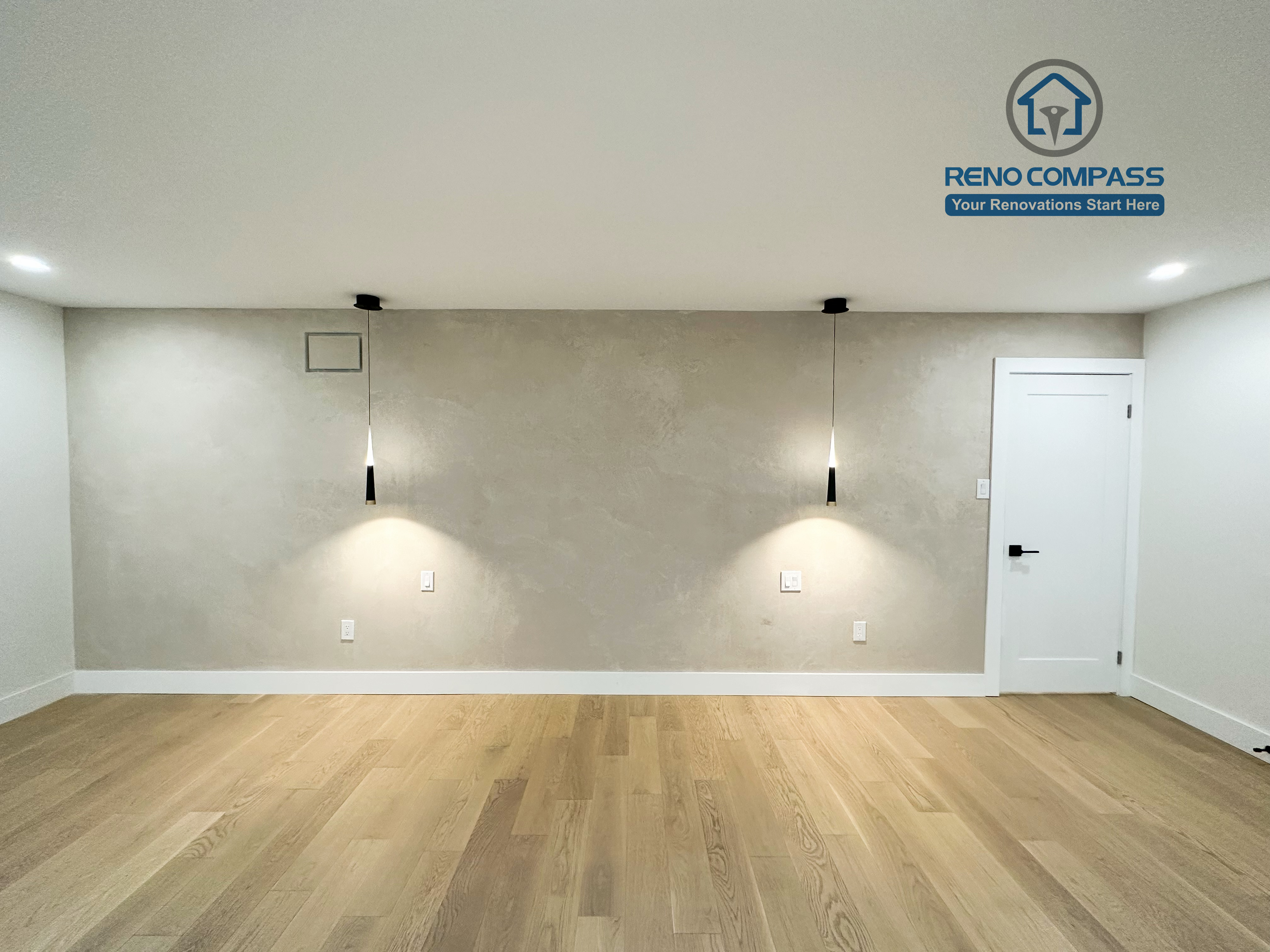 Modern bedroom renovation in a Richmond Hill home featuring light-tone hardwood flooring, minimalist pendant accent lighting, clean white walls, and a sleek, contemporary interior finish.