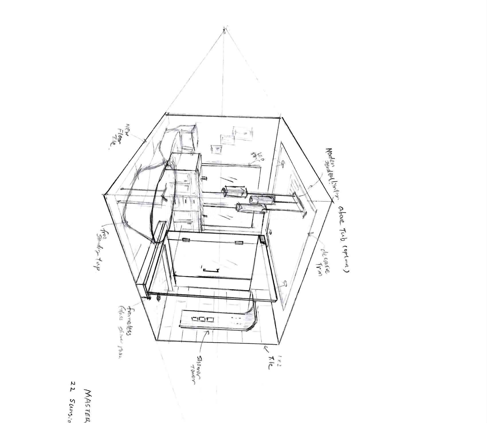 A hand-drawn interior design and renovation planning sketch for a Toronto residential project, illustrating space layout, cabinetry, fixtures, and construction details. This drawing reflects the professional design process and thoughtful planning behind a full Toronto interior renovation project.