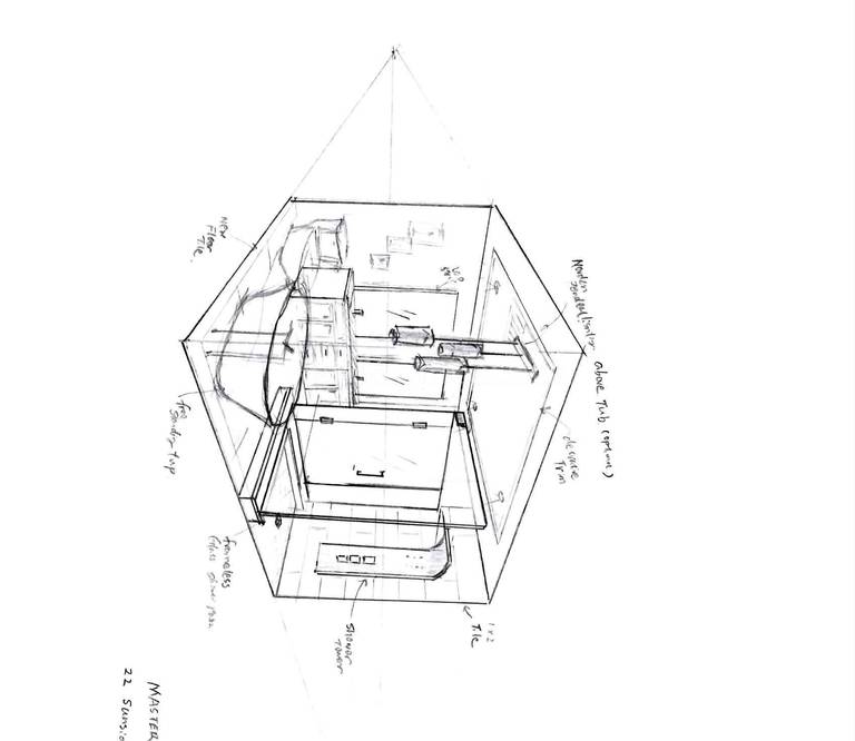 A hand-drawn interior design and renovation planning sketch for a Toronto residential project, illustrating space layout, cabinetry, fixtures, and construction details. This drawing reflects the professional design process and thoughtful planning behind a full Toronto interior renovation project.