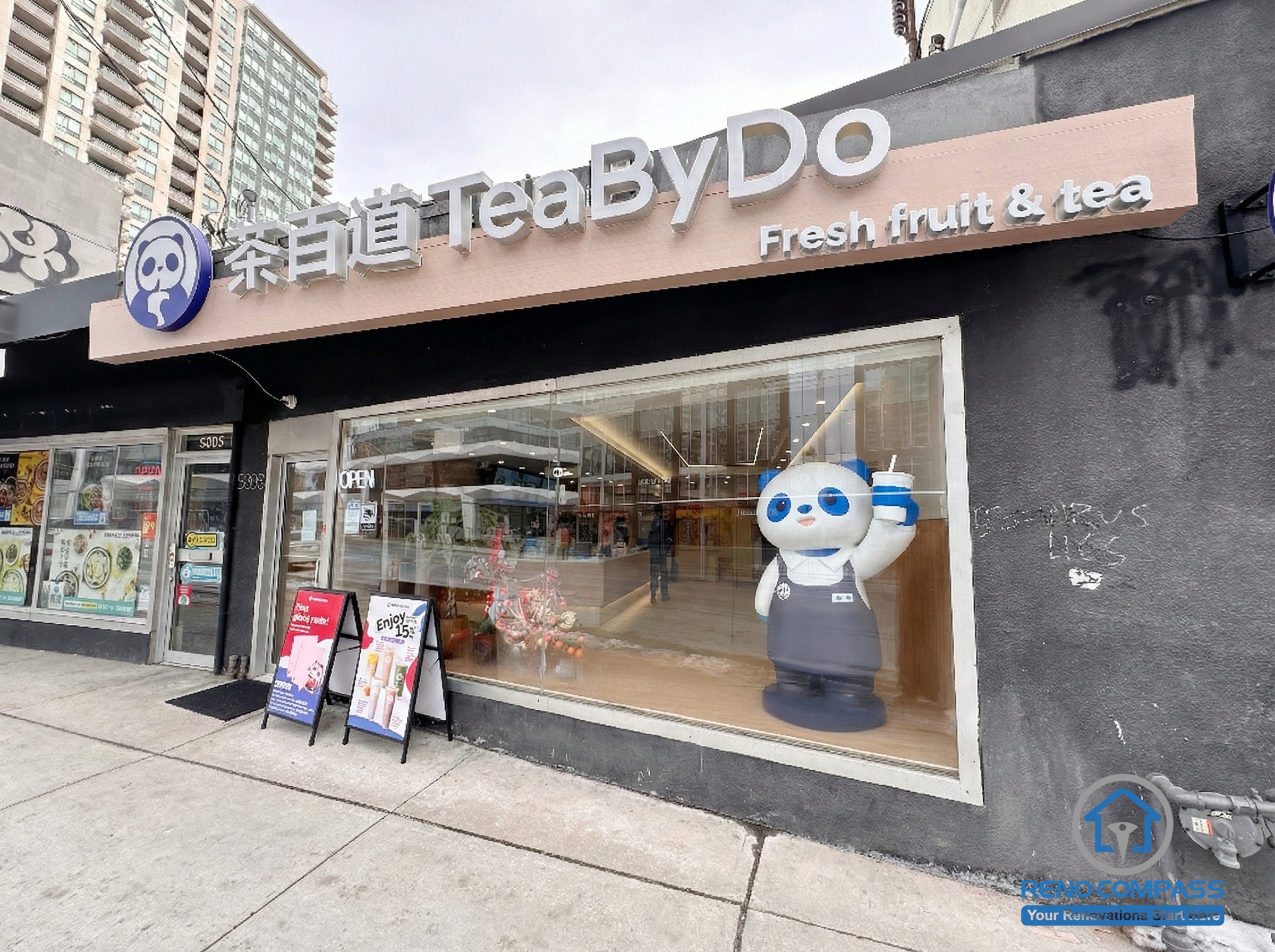 This North York bubble tea shop storefront renovation features a refreshed commercial exterior, upgraded signage, and improved street-facing visibility to attract foot traffic. Completed by a professional Toronto renovation company, the project enhances brand presence and modern retail appeal while creating a clean and welcoming entrance for customers in a busy urban neighborhood.
