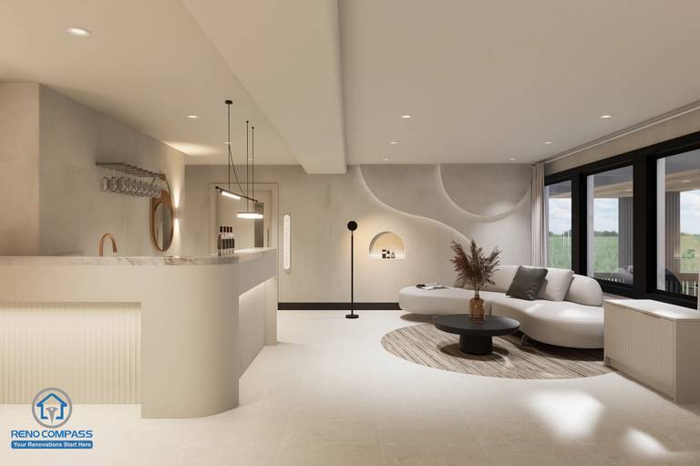 A full interior view of a Markham medical aesthetic clinic renovation project, showcasing the reception area, waiting space, and open layout designed to enhance client experience and spatial flow.