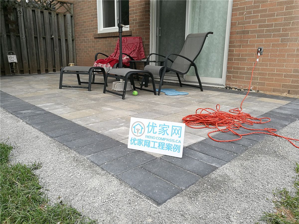 Backyard interlock patio renovation in Vaughan, featuring professionally installed paving stones for outdoor seating and relaxation. Completed by a reliable Toronto renovation company, Reno Compass Inc., this project enhances functionality, durability, and overall outdoor living space design.