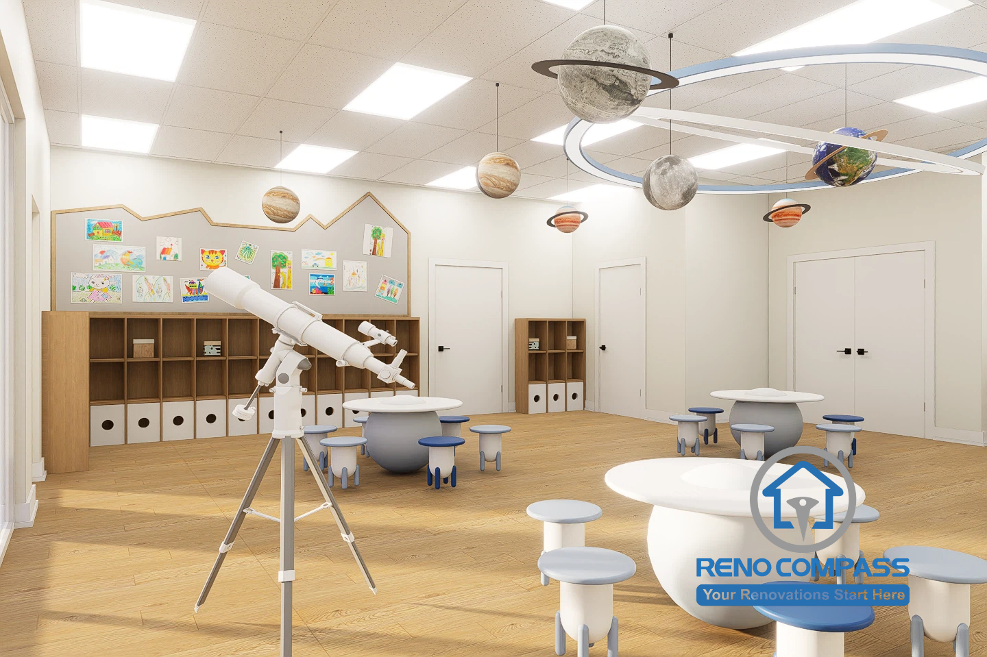 A modern kindergarten classroom in Toronto featuring interactive learning elements such as a telescope, space-themed ceiling design, and flexible seating to encourage curiosity and hands-on exploration.