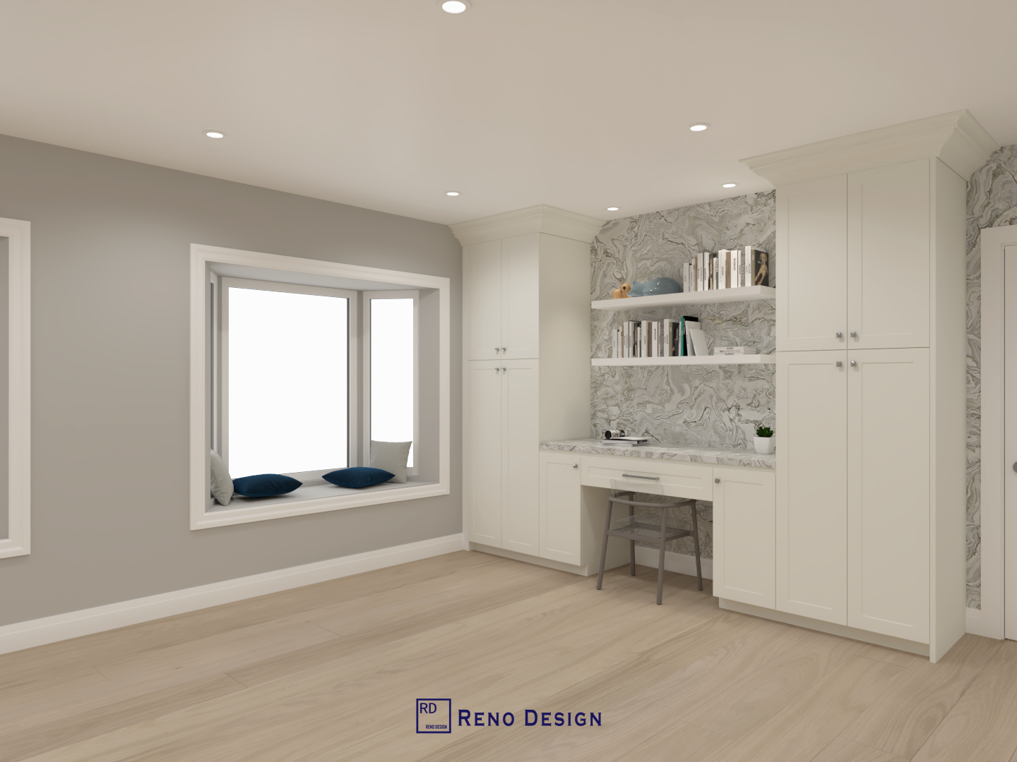 This image features a custom-designed home office and reading nook within a Toronto bungalow interior renovation. Built-in cabinetry, integrated shelving, and a compact work desk create a functional yet elegant workspace, while the window seating area adds comfort and natural light. Clean finishes and thoughtful storage solutions enhance both usability and visual balance. Designed and completed by Reno Compass, this space reflects a modern, flexible interior design approach for single-level homes in Toronto.