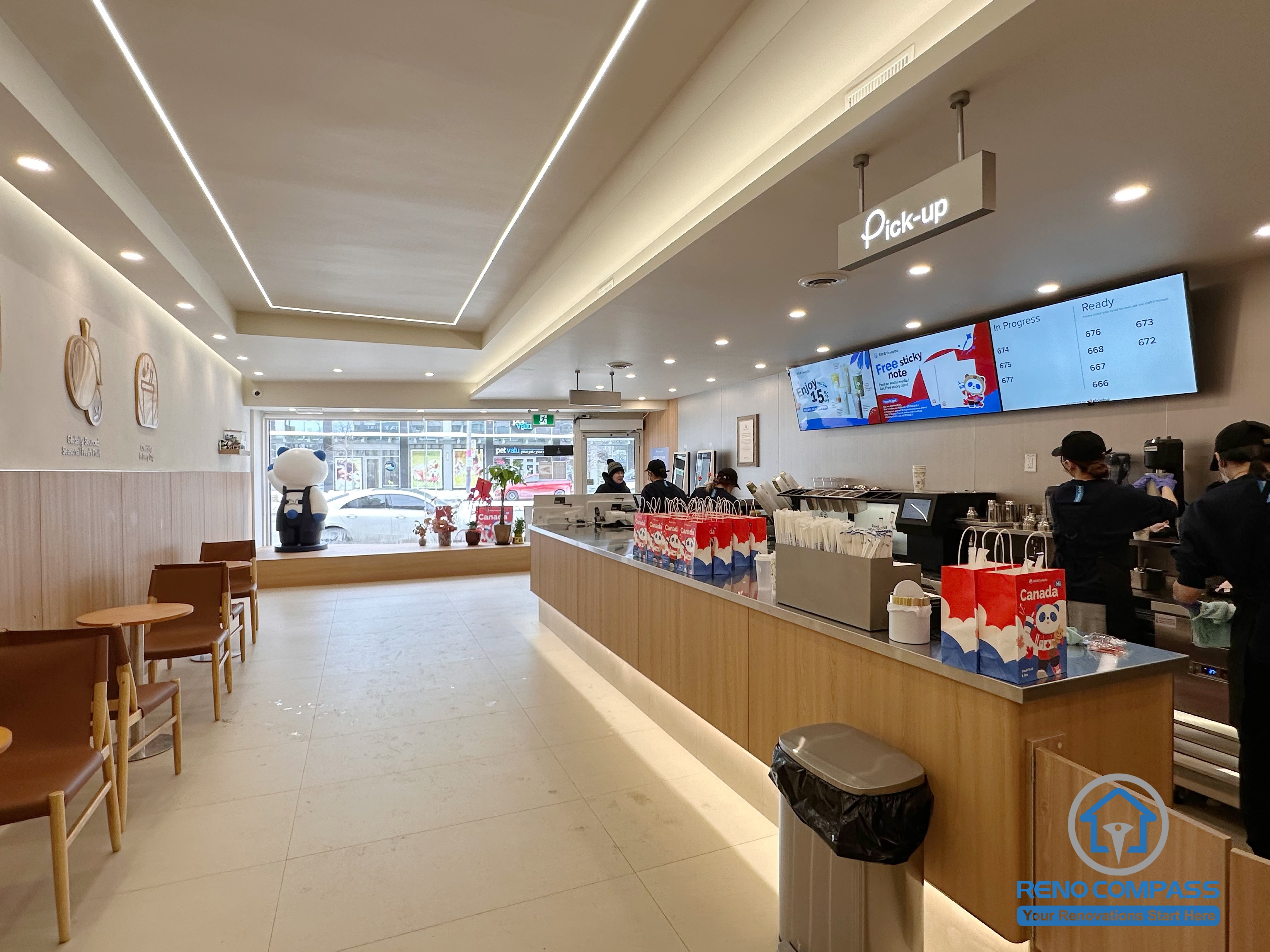 This North York bubble tea shop interior renovation showcases a modern commercial layout with upgraded lighting, custom seating area, and an efficient service counter design. Completed by a professional Toronto renovation company, the space is optimized for smooth workflow, high customer volume, and a clean, welcoming retail environment ideal for busy beverage shops and café operations.