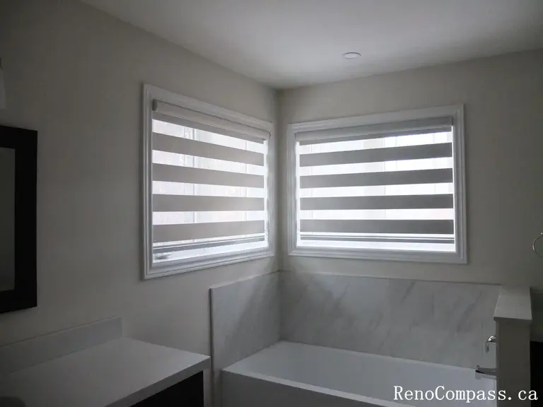 Custom zebra blinds curtains installation completed in Richmond Hill, featuring modern dual-layer window shades that provide privacy, light control, and a clean contemporary look. This professional window treatment upgrade enhances interior comfort and style, perfectly suited for modern home renovations by a trusted Toronto renovation company.