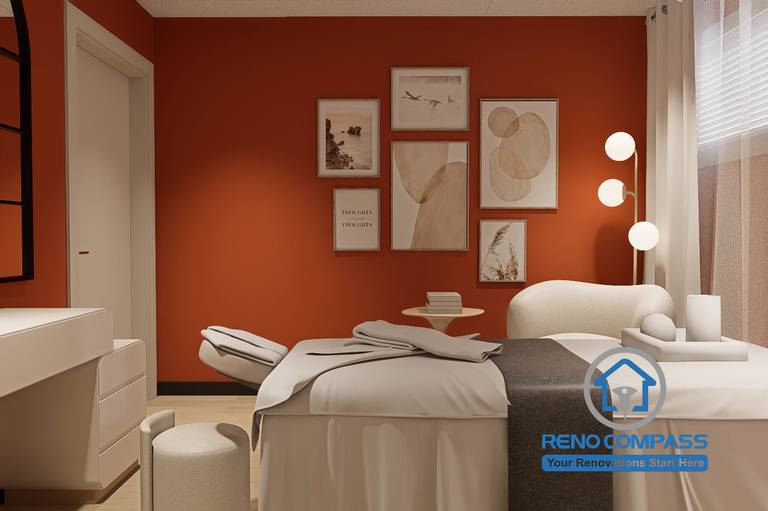 A treatment room in a Markham medical aesthetic clinic renovation project, featuring Hermès orange accent walls, soft lighting, and a clean, comfortable layout designed to enhance client privacy and treatment experience.