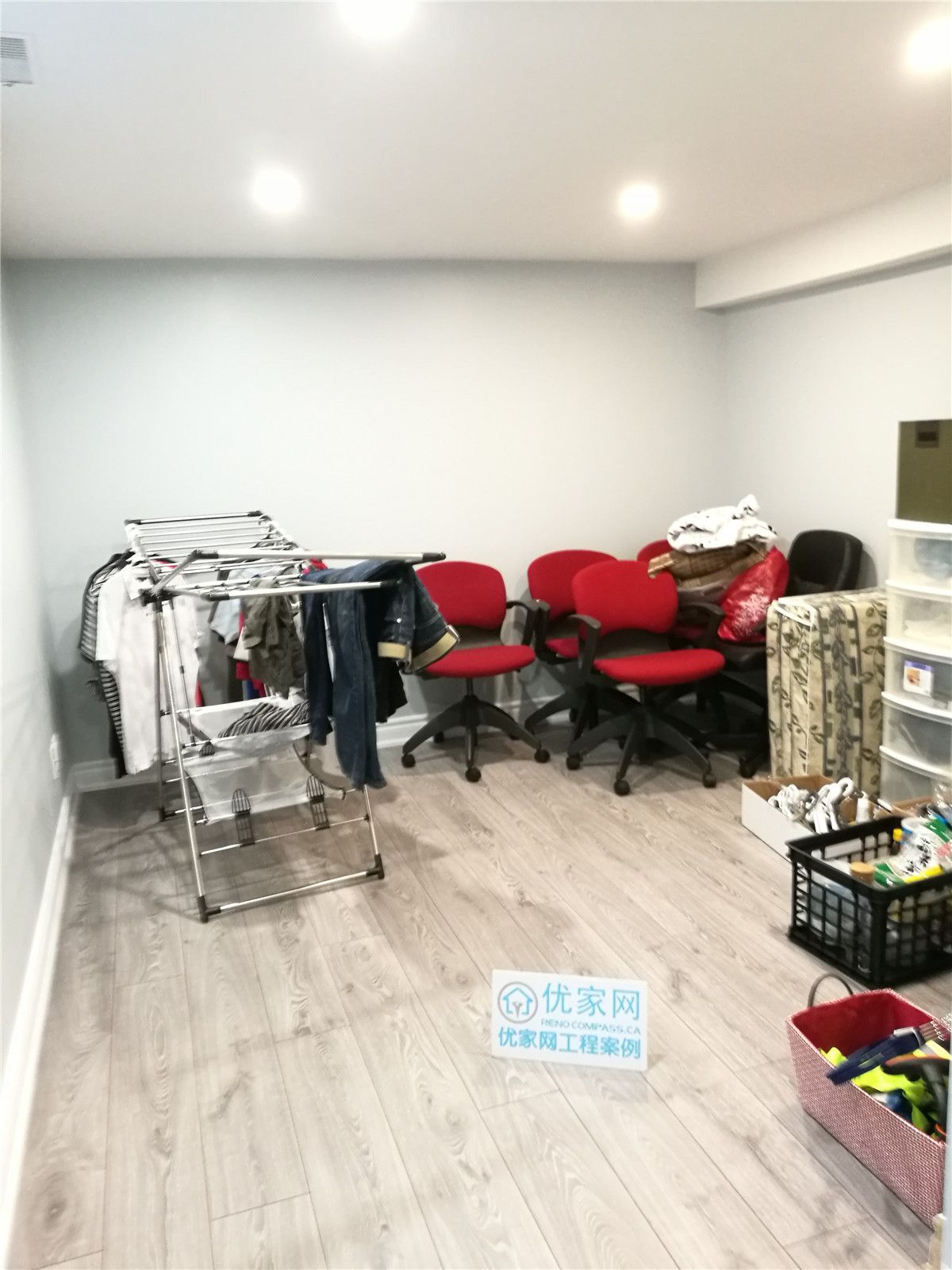 This image shows a finished multi-purpose room completed as part of a North York interior renovation. The space features durable vinyl plank flooring, recessed pot lighting, and neutral wall finishes, making it suitable for storage, workspace, or flexible household use. The open layout allows for practical organization while maintaining a clean, bright environment. This renovation reflects the quality workmanship of a professional Toronto renovation company serving the North York area.