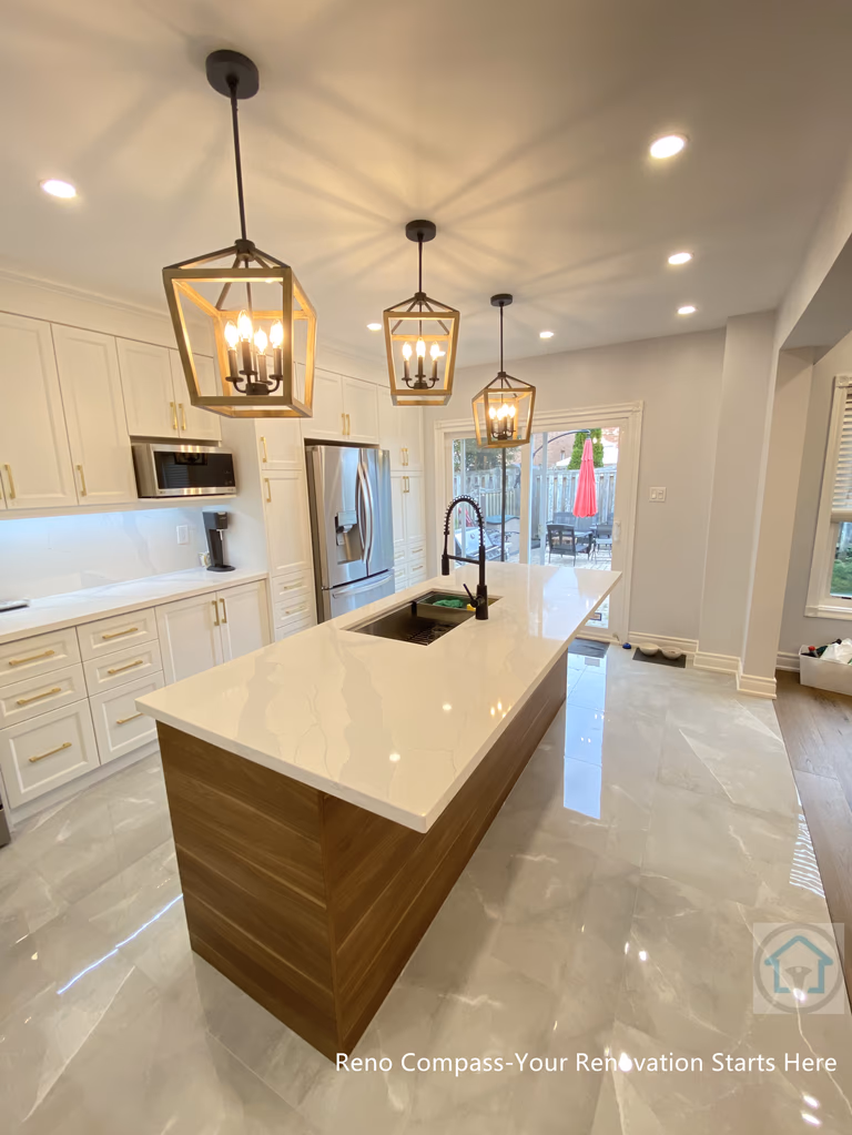 This image highlights a Newmarket interior renovation featuring a long quartz kitchen island with warm wood base cabinetry, designed to anchor the open-concept layout. The linear arrangement of lantern-style pendant lights creates strong visual rhythm and enhances the sense of depth within the space. White shaker cabinets, integrated stainless steel appliances, and glossy marble-look flooring work together to reflect light and elevate the overall brightness. A high-arc faucet and built-in sink add both functionality and modern appeal. Completed by a Toronto renovation company, this kitchen renovation emphasizes clean lines, balanced proportions, and seamless flow between cooking, dining, and outdoor access.