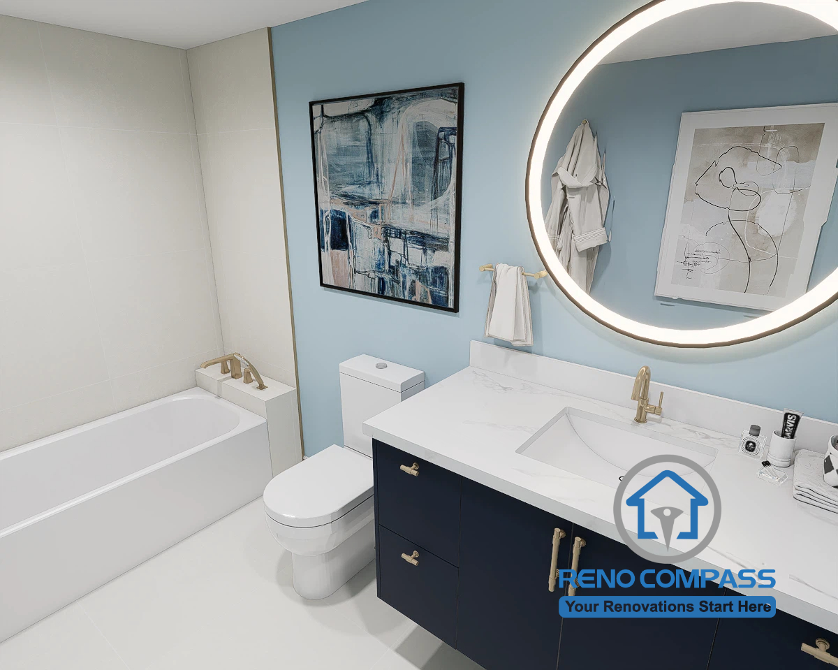 Contemporary family bathroom renovation featuring a custom navy vanity, white quartz countertop, illuminated round mirror, built-in bathtub, brushed gold fixtures, and elegant modern finishes. Professionally designed and built by Reno Compass in the Greater Toronto Area.