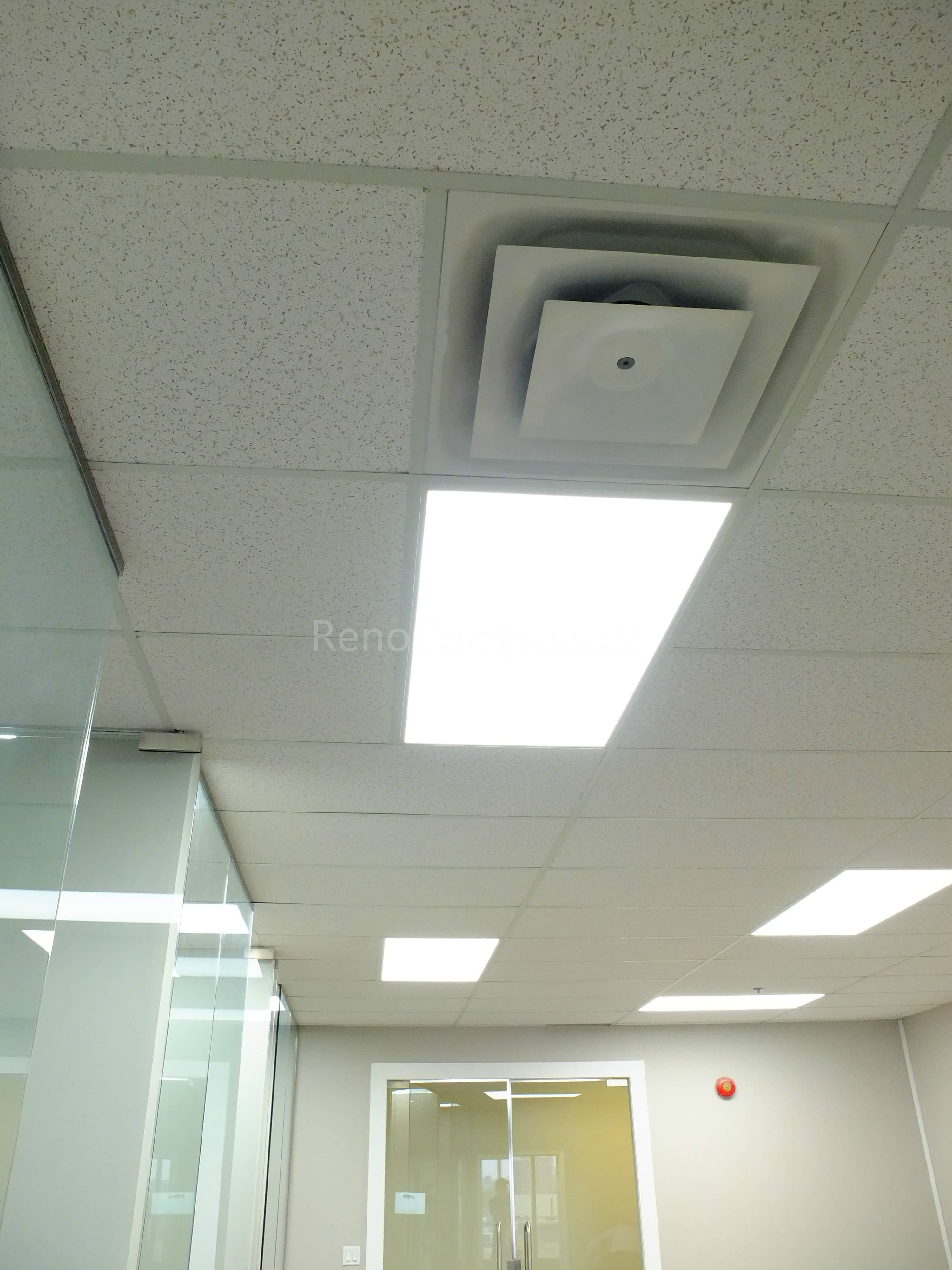 Modern office ceiling renovation in North York featuring suspended acoustic ceiling tiles and energy-efficient LED panel lighting. This commercial office renovation improves lighting quality, workspace comfort, and overall interior aesthetics, completed by a professional Toronto renovation company specializing in office and commercial projects.