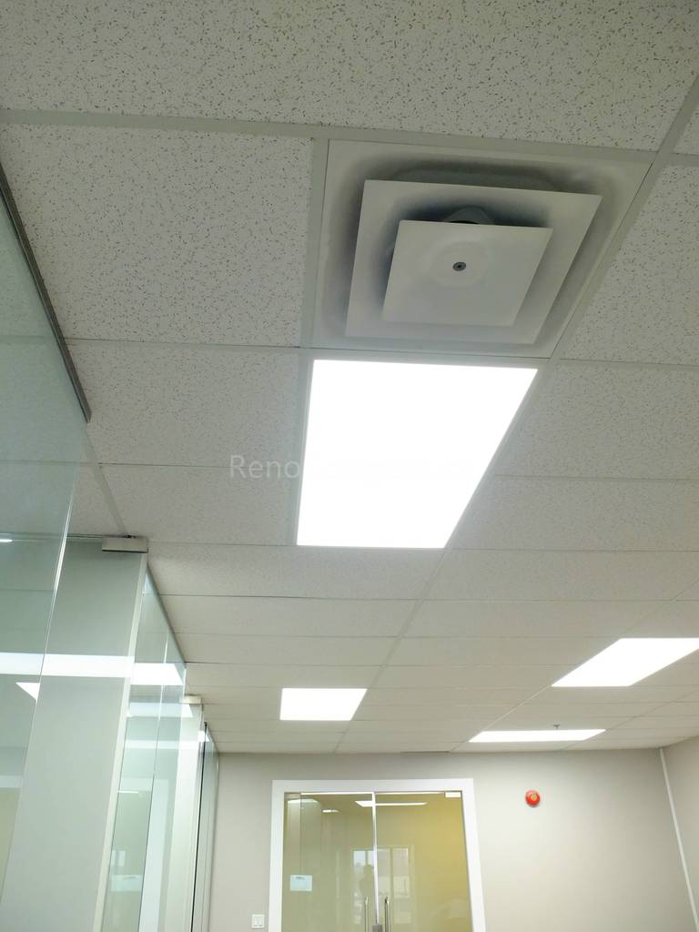 Modern office ceiling renovation in North York featuring suspended acoustic ceiling tiles and energy-efficient LED panel lighting. This commercial office renovation improves lighting quality, workspace comfort, and overall interior aesthetics, completed by a professional Toronto renovation company specializing in office and commercial projects.