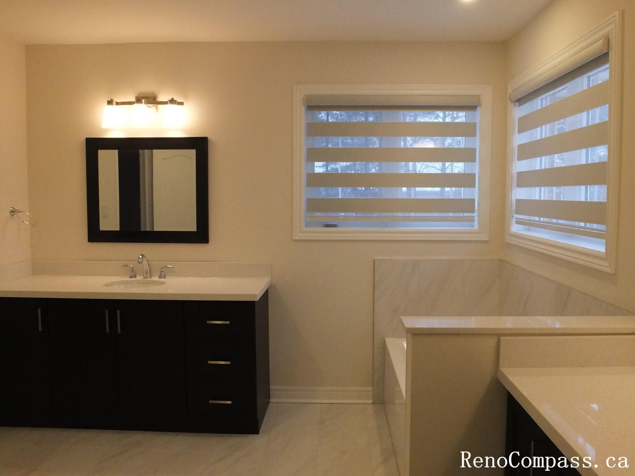 Custom zebra blinds curtains installation completed in Richmond Hill, featuring modern dual-layer window shades that provide privacy, light control, and a clean contemporary look. This professional window treatment upgrade enhances interior comfort and style, perfectly suited for modern home renovations by a trusted Toronto renovation company.