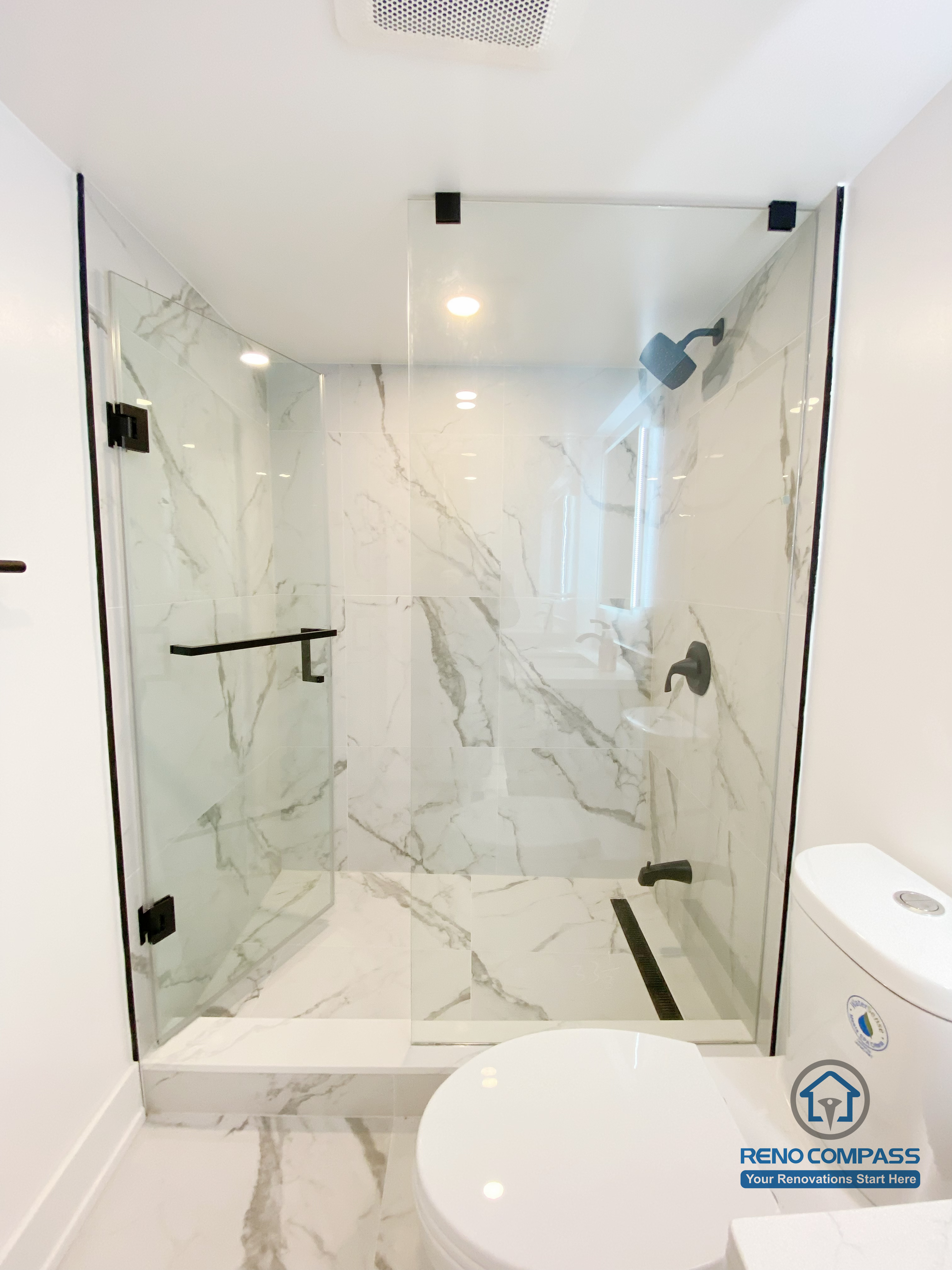 This basement shower room is part of a modern basement renovation project located in Markham, Greater Toronto Area. Featuring a walk-in glass shower, contemporary fixtures, and clean tile finishes, the design emphasizes functionality, durability, and a sleek modern aesthetic. The renovation enhances everyday comfort while adding value to the basement living space, completed by a professional Toronto Renovation Company.