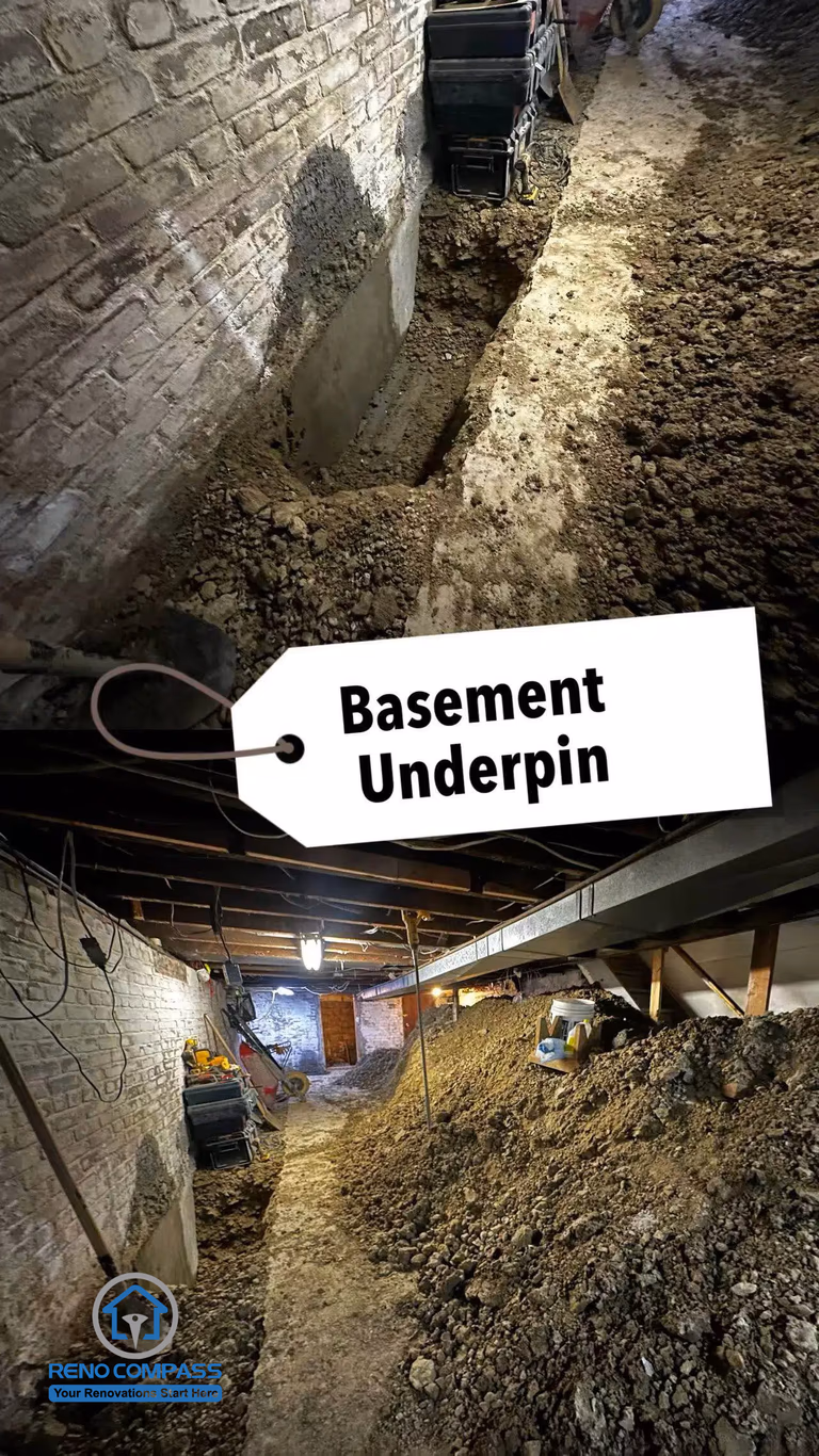 Basement underpinning in progress for a Toronto legal 3-unit conversion project. The foundation was excavated to increase ceiling height and create a fully livable rental unit, meeting building code requirements and maximizing property value.