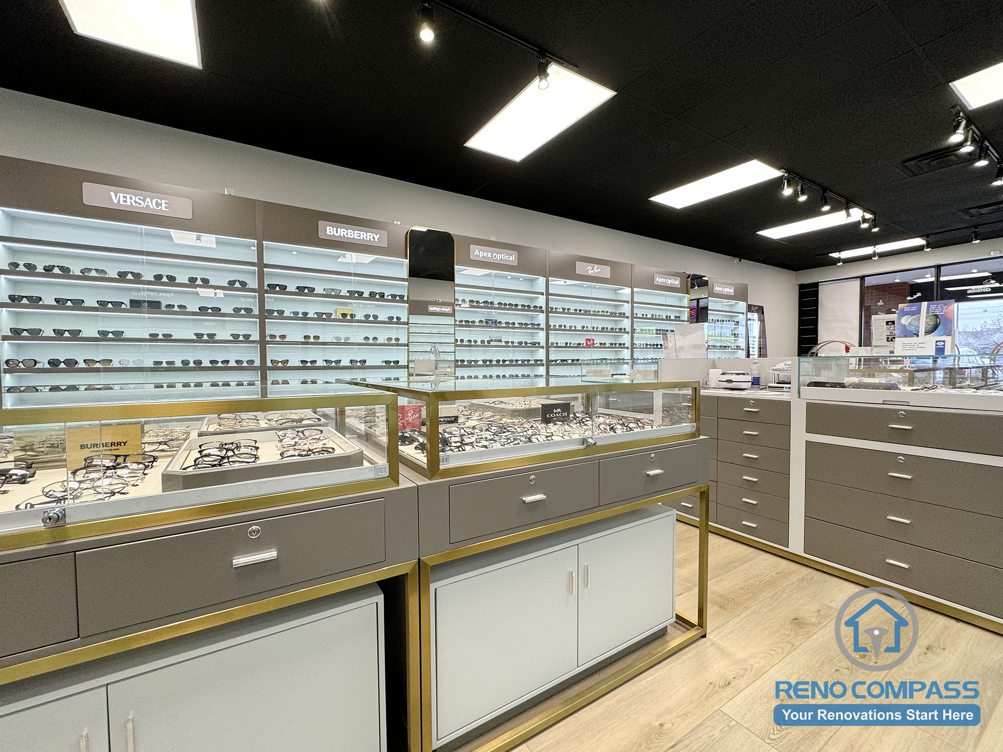 This Mississauga optical store renovation highlights custom-built eyewear display cases, integrated brand shelving, and a clean retail layout designed for premium optical brands. The space emphasizes product visibility, organized circulation, and a modern commercial interior suited for high-traffic eyewear retail.