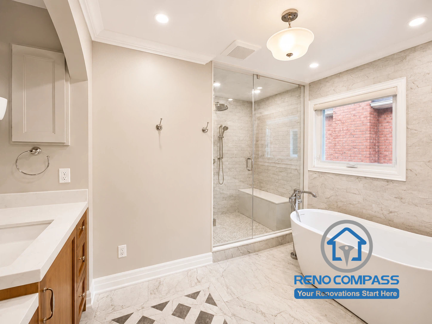 Wide-angle view of a completed modern bathroom renovation in Markham featuring a freestanding bathtub, frameless glass shower, custom vanity, porcelain tile flooring, and contemporary finishes.