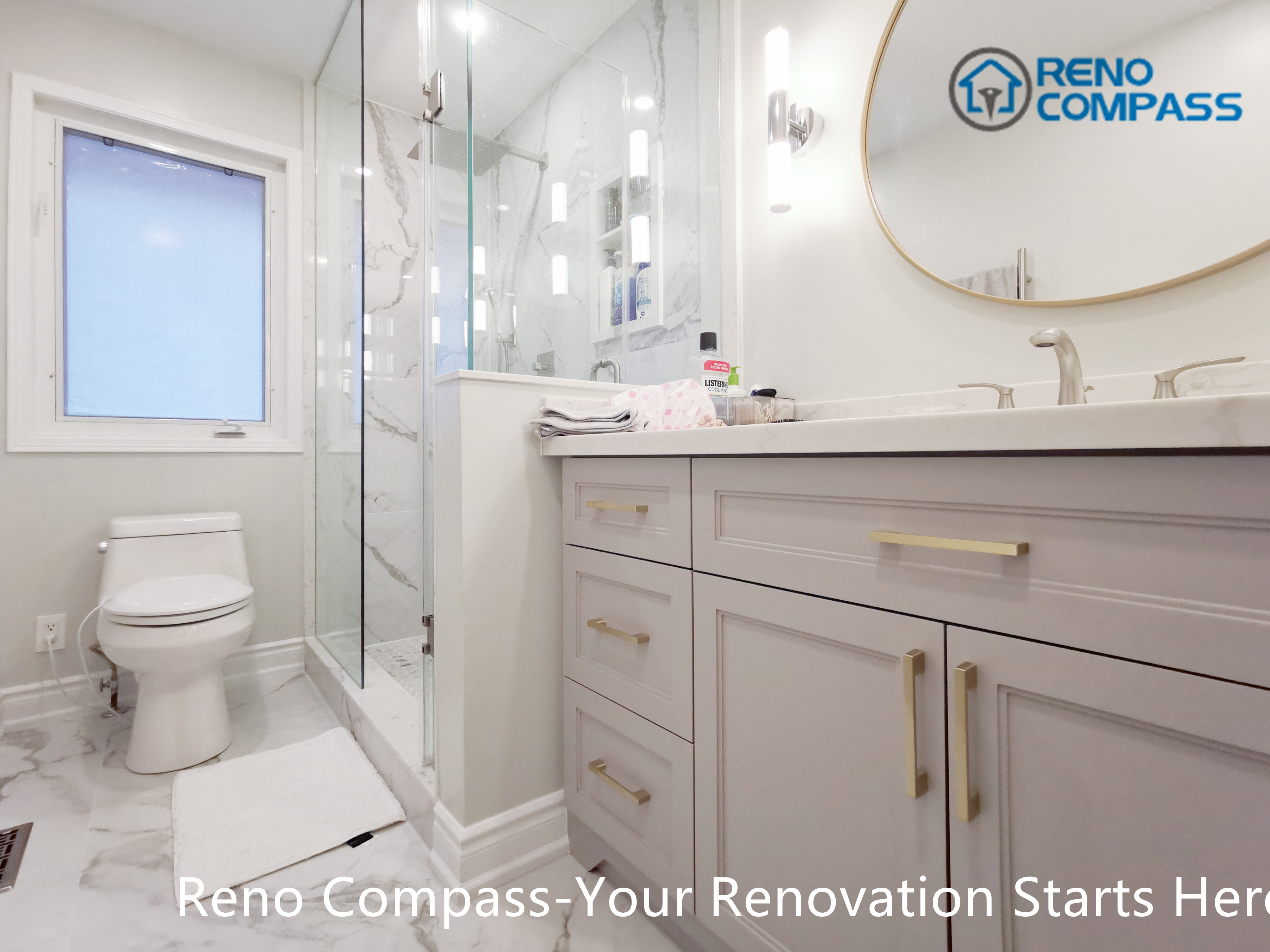 This Mississauga bathroom renovation showcases a custom-built vanity with soft neutral cabinetry, brushed gold hardware, and an integrated quartz countertop. The layout connects the vanity, toilet area, and frameless glass shower seamlessly, improving circulation and visual openness. Marble-look floor tiles and clean-lined fixtures contribute to a bright, modern aesthetic. The balanced design reflects the craftsmanship and space-planning expertise of a trusted Toronto renovation company.