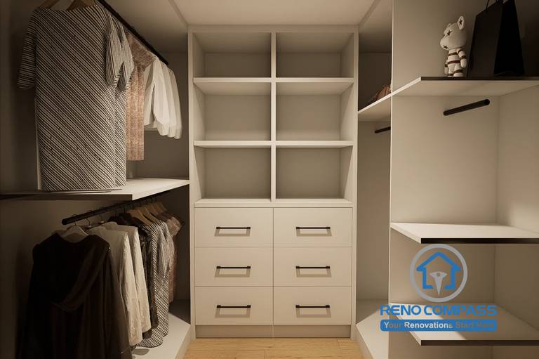 Custom walk-in closet design created for a Markham whole home renovation project. Featuring built-in shelving, hanging storage, drawer organizers, and a thoughtfully planned layout that maximizes storage capacity while maintaining a clean, organized, and luxurious dressing space.