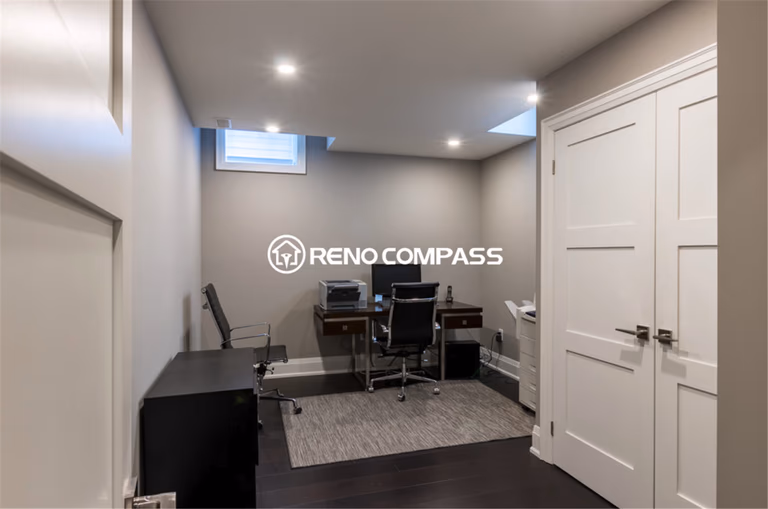 Modern basement home office renovation in Toronto featuring a functional workspace layout, recessed ceiling lighting, large storage cabinet, and dark hardwood flooring. This professionally finished basement office provides a quiet and comfortable work environment, completed by a trusted Toronto renovation company, Reno Compass Inc.