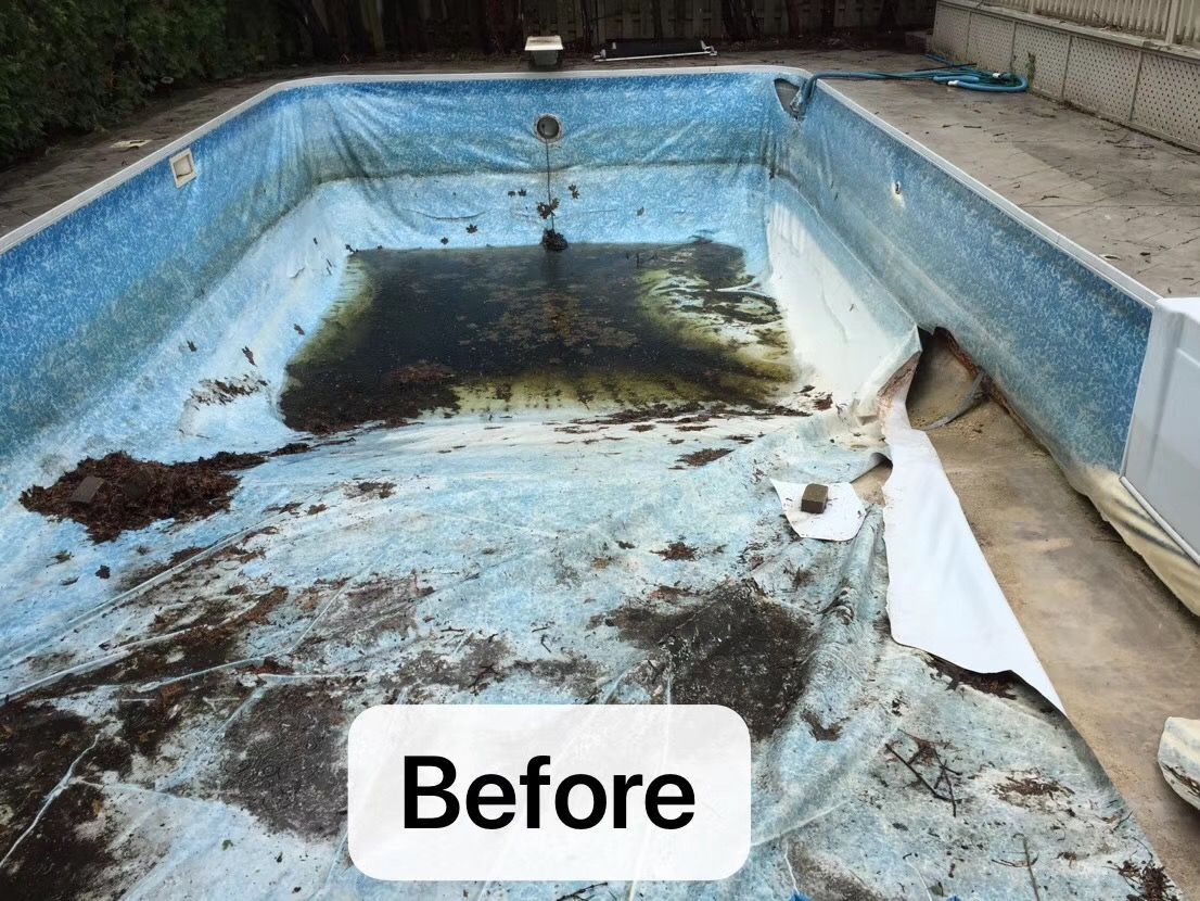 Before renovation photo of a deteriorated backyard swimming pool in Toronto. The old pool liner is torn and stained, with accumulated debris and discoloration before our expert restoration and resurfacing work begins. Professional pool repair and renovation services.