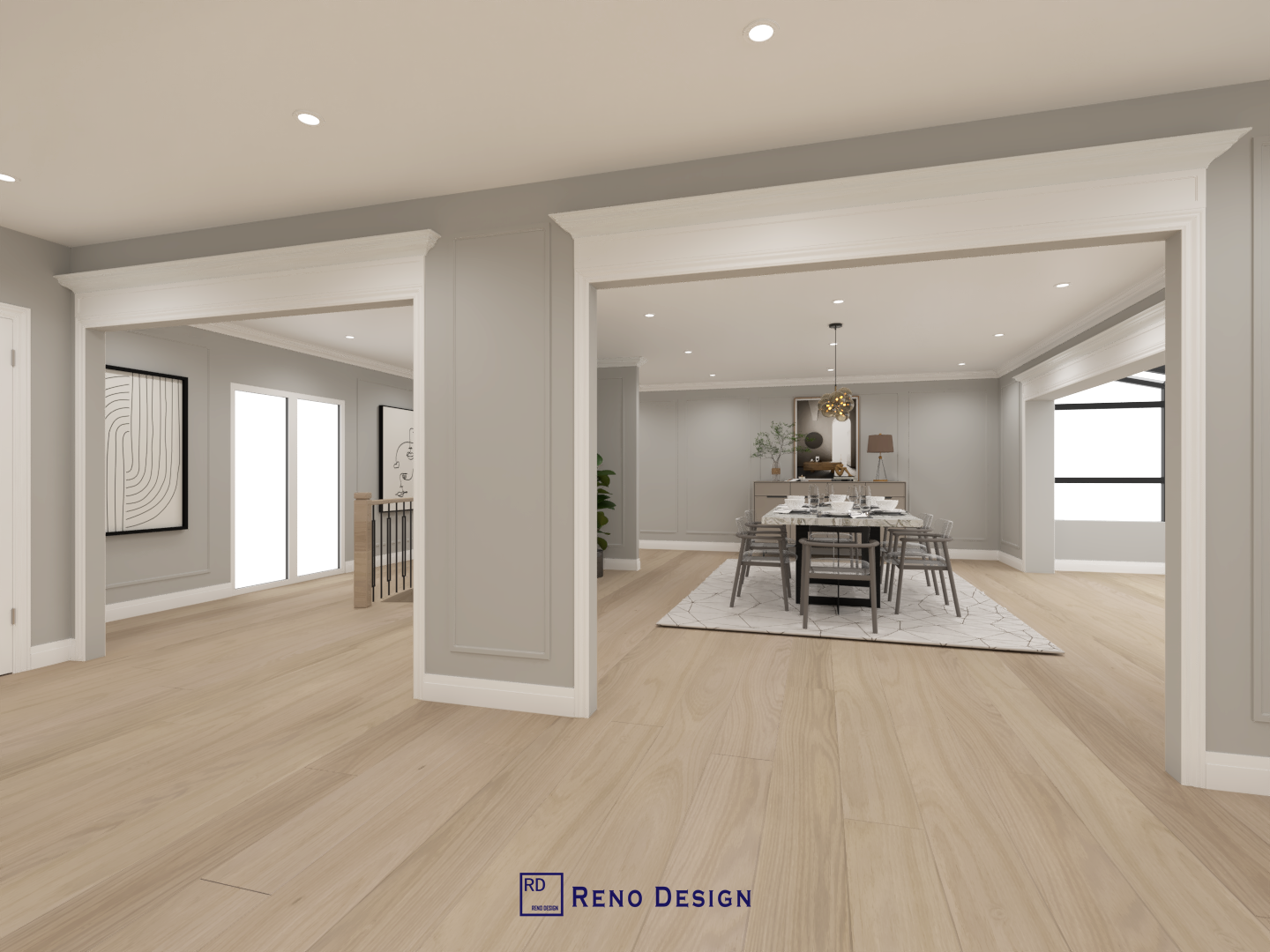 This image highlights the open-concept transition between the living and dining areas in a Toronto bungalow interior design project. Framed openings, clean architectural detailing, and continuous wood flooring define zones while preserving visual flow and spaciousness. Balanced lighting and neutral finishes reinforce a cohesive, calm interior experience. Designed and completed by Reno Compass, this layout reflects a thoughtful approach to space planning for single-level homes in Toronto.