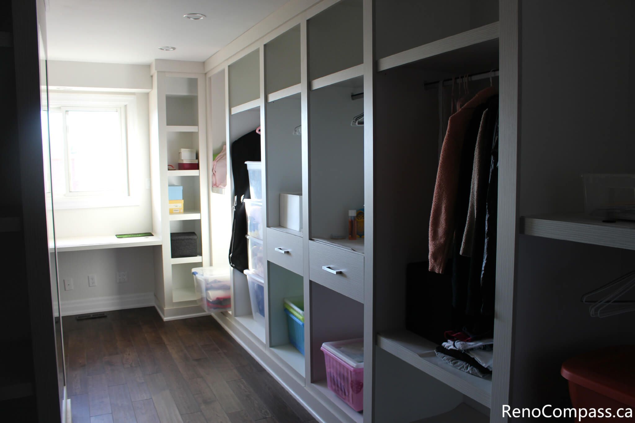 This custom built-in closet system is part of a full home renovation project in Mississauga completed by a professional Toronto renovation company. Designed with integrated shelving, hanging space, and storage compartments, the wardrobe maximizes organization while maintaining a clean modern look. The renovation improves daily functionality, lighting, and storage efficiency, creating a bright and well-structured interior that enhances both comfort and property value.