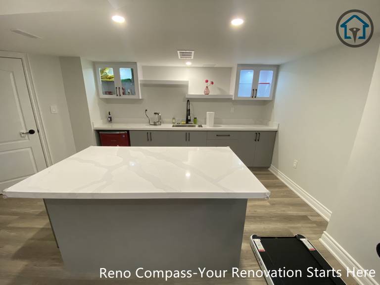 Overall view of a finished basement renovation in Vaughan, showcasing an open layout designed for comfort, functionality, and long-term use.