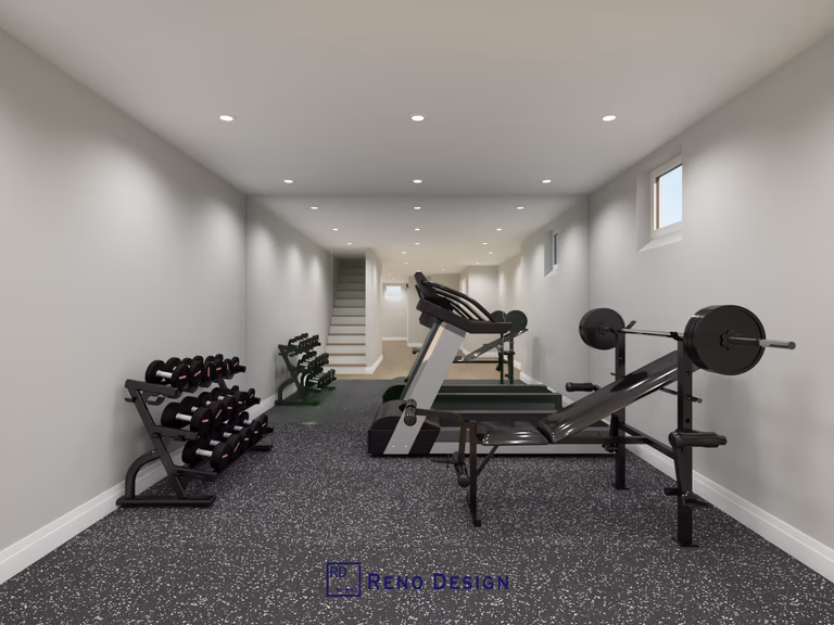 This modern gym room is part of a 1250 sqft basement renovation project located in the Aurora community of the Greater Toronto Area. Designed in a clean and contemporary style, the basement gym offers a dedicated home fitness space with durable flooring, bright lighting, and an open layout ideal for daily workouts. This renovation enhances the functionality of the basement while adding valuable recreational space, completed by a professional Toronto renovation company.