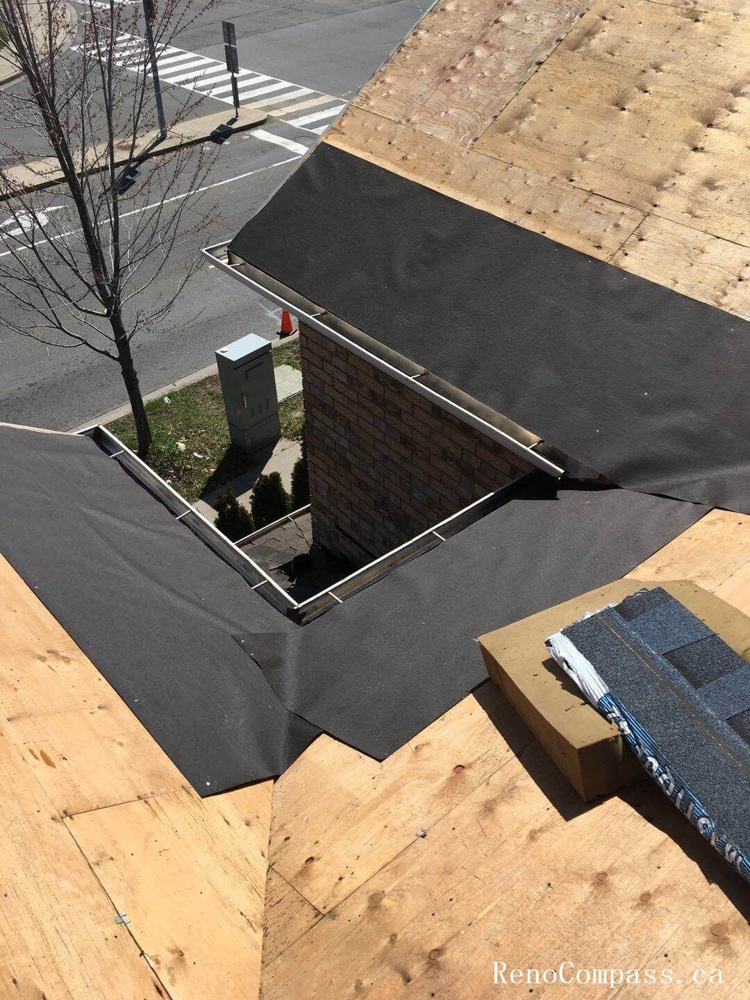 This image shows a key stage of a Toronto roofing replacement project, where new waterproof underlayment is being installed over reinforced roof decking. The preparation process includes removing old roofing materials, inspecting the structural base, and applying high-quality protective layers to prevent moisture intrusion and improve long-term durability. Special attention is given to roof valleys, edges, and connection points to ensure proper drainage and weather resistance. This professional roofing installation process provides a strong and reliable foundation for new asphalt shingles, ensuring the home is well protected against Toronto’s changing climate and seasonal weather conditions.