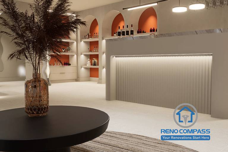 A combined waiting and display area in a Markham medical aesthetic clinic renovation project, featuring arched shelving, soft lighting, and a comfortable seating layout designed to enhance client experience and product visibility.