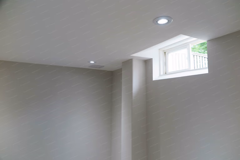 This Richmond Hill basement renovation features recessed ceiling lighting and a high-set window that enhances natural light, improving brightness and overall comfort in the space.