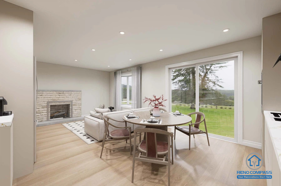 This Scarborough interior design project showcases a bright open-concept main floor featuring a seamless connection between the kitchen, dining, and living areas. Large windows maximize natural light, while modern finishes, custom space planning, and a minimalist design create a warm and inviting family living environment.