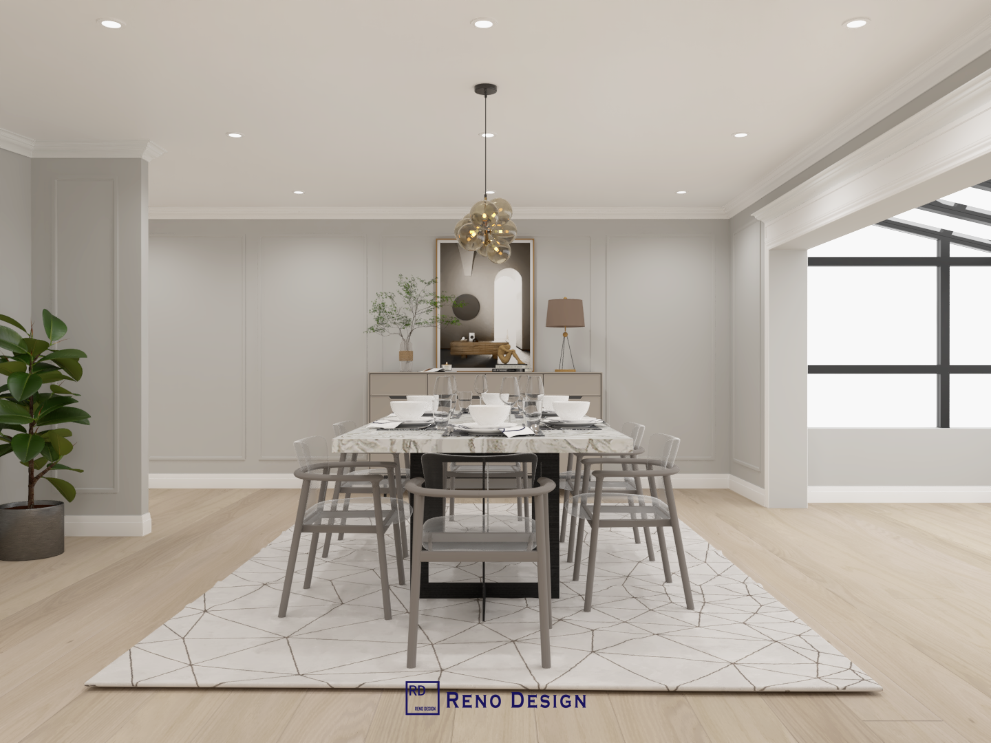 This image presents a full view of the dining room in a Toronto bungalow interior design project, featuring a centrally placed dining table, coordinated seating, and a sculptural pendant light that anchors the space. Clean wall paneling, balanced symmetry, and warm wood flooring create a calm and cohesive dining environment. Designed and completed by Reno Compass, this interior reflects a refined, modern approach tailored to single-level homes in Toronto.